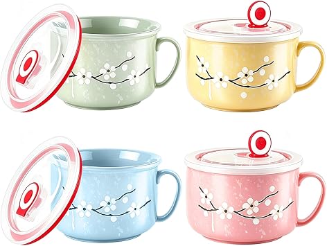 4 PCS Ceramic Ramen Bowl with Lid Microwave Safe Soup Mug Bowl with Handle