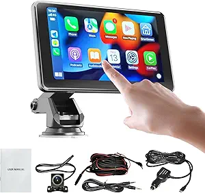 Kebredi Wireless CarPlay Screen Car Stereo 7 inch Portable Car Play & Android Auto Touchscreen with Bluetooth 1080P Backup Camera Navigation Mirror Link/Voice Control/FM/USB/AUX