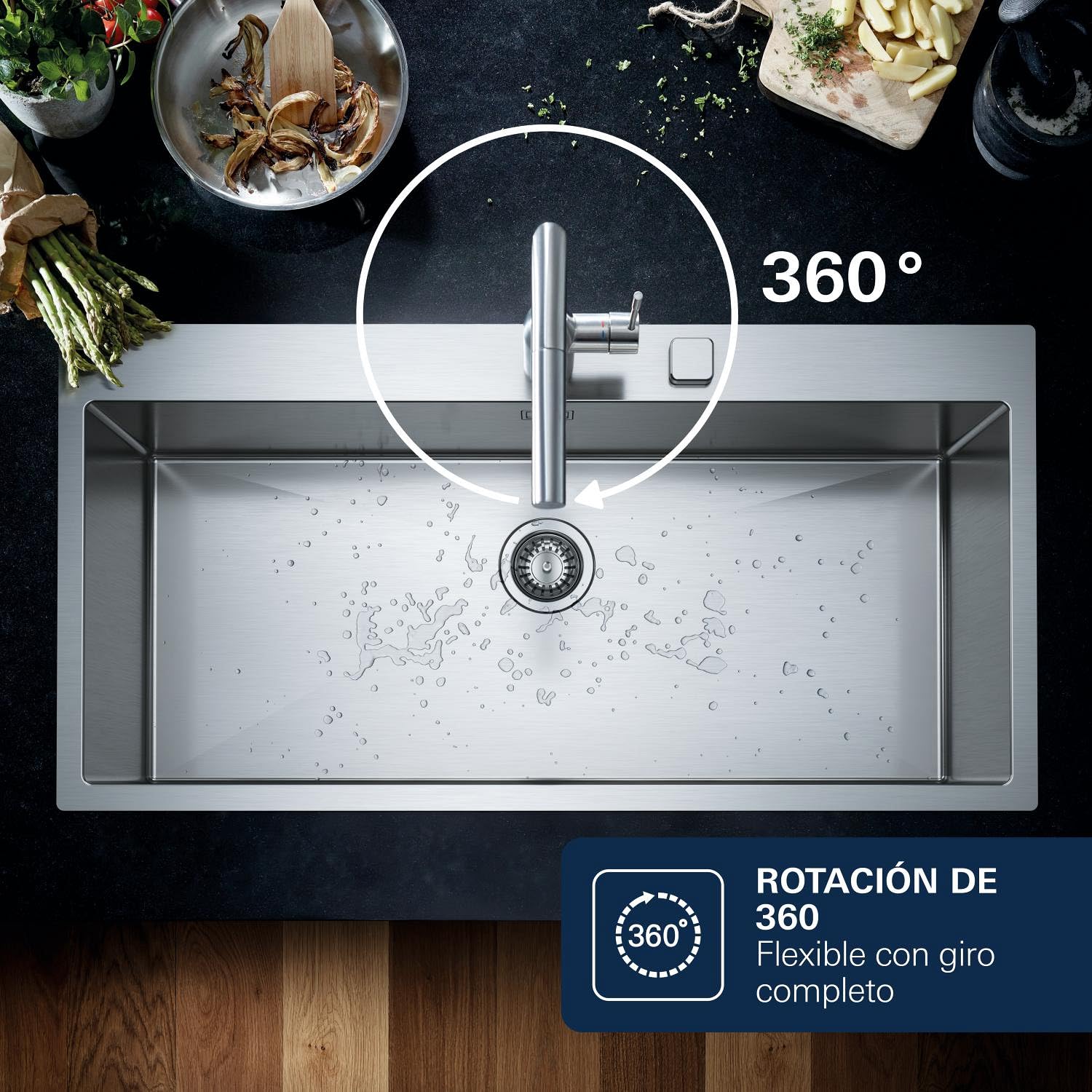 Grohe Essence Professional - Grifo de Fregadero Monomando, Caño Giratorio de 360°, Caño Alto, Dos Opciones de Chorro (30294000), Cromo