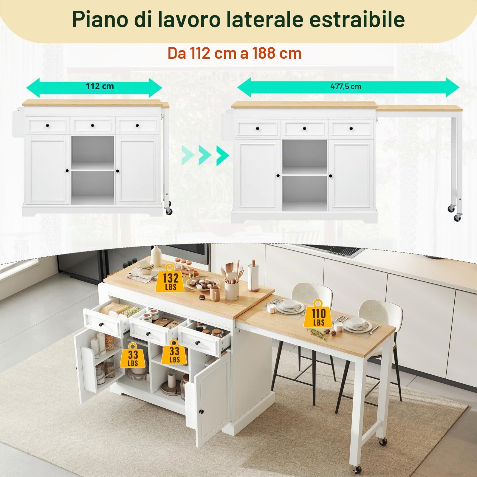 YEHTOKHOME Isola centrale cucina con spazio di lavoro 112-188 cm