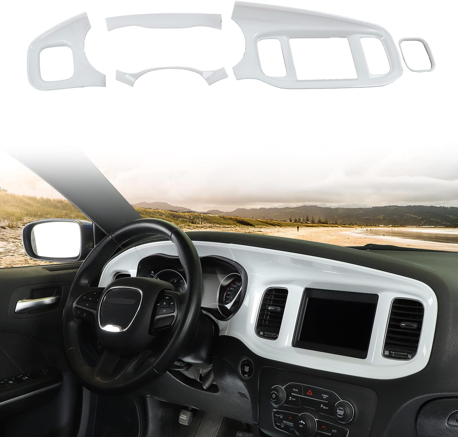 JWWY for Charger Center Console ダッシュボード ダッシュボード 計器ゲージ クラスター ダッシュ 筋膜 トリムパネル ガーニッシュベゼル 2015-2024+ ダッジチャージャー インテリアアクセサリー、ABS ホワイト 5個