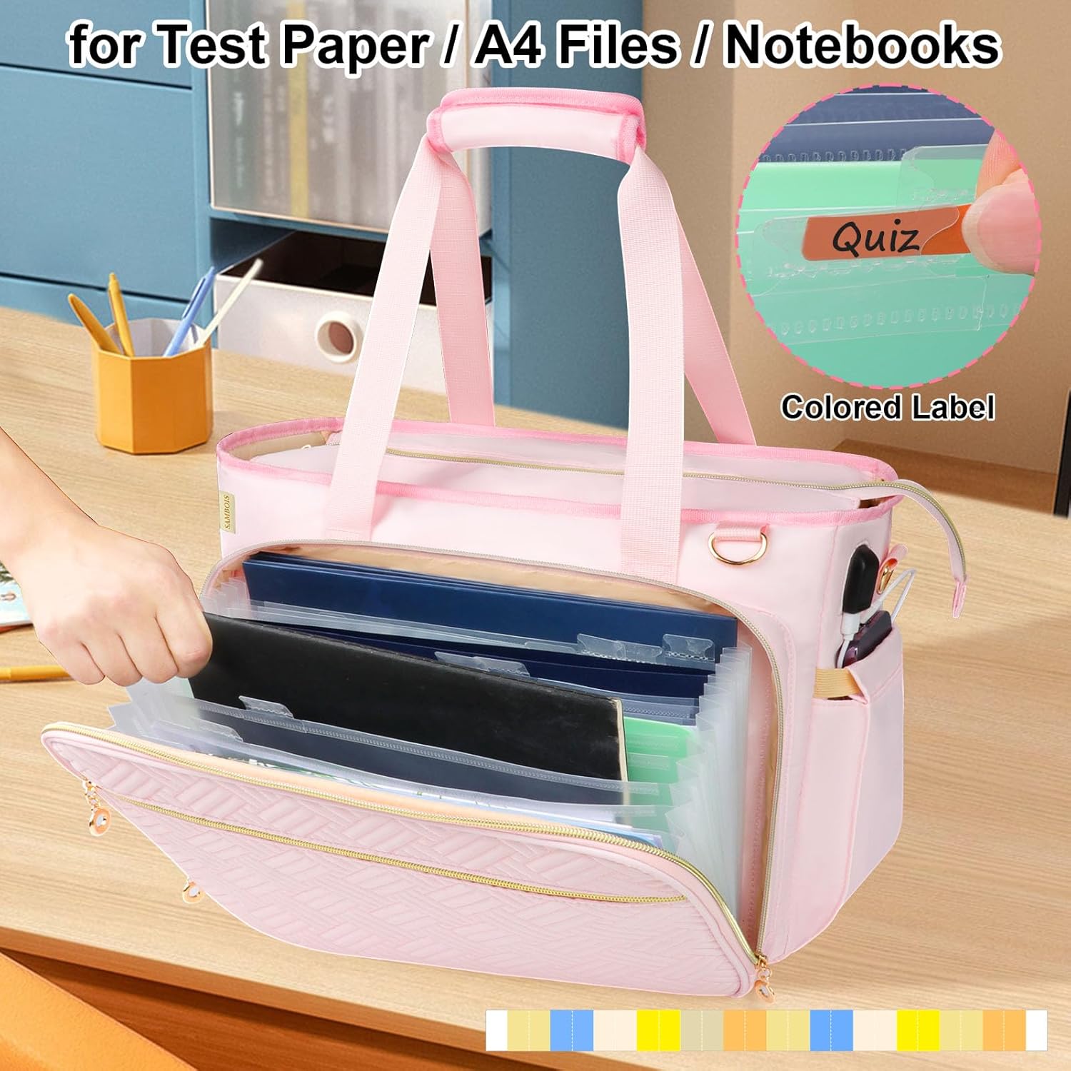 Teacher Tote Bag with Accordion File Organizer Pocket, Soft Nylon Utility Bag with 15.6 inch Laptop Compartment & USB Port, Large Work Tote Bag for Office Supplies Women (Pink)