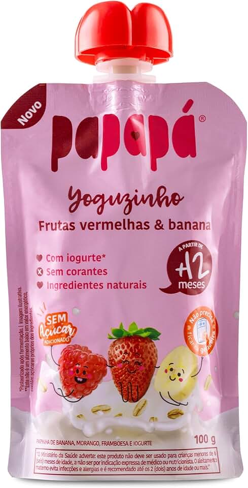 Papapá Yoguzinho, Lanchinho com Iogurte e Frutas Naturais, Frutas Vermelhas e Banana, 100g, Sem Açúcar Adicionado, Não Precisa de Geladeira, Rosa