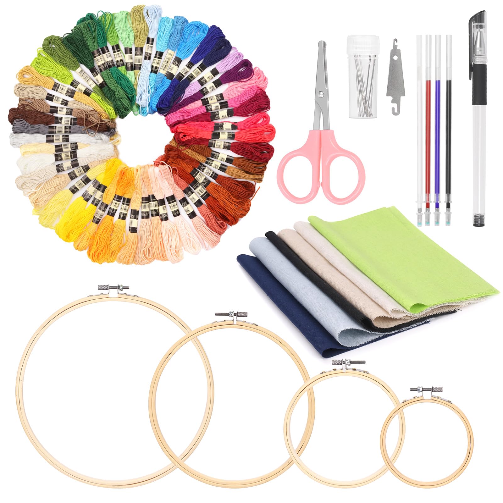 Hilitchi 79Pcs Embroidery Kit Includes 9.8" x 9.8" Square Embroidery Fabric 4 Size Bamboo Circle Cross Stitch Ring 50 Color Embroidery Thread Pens Needle Needle Threader Scissors for DIY Craft