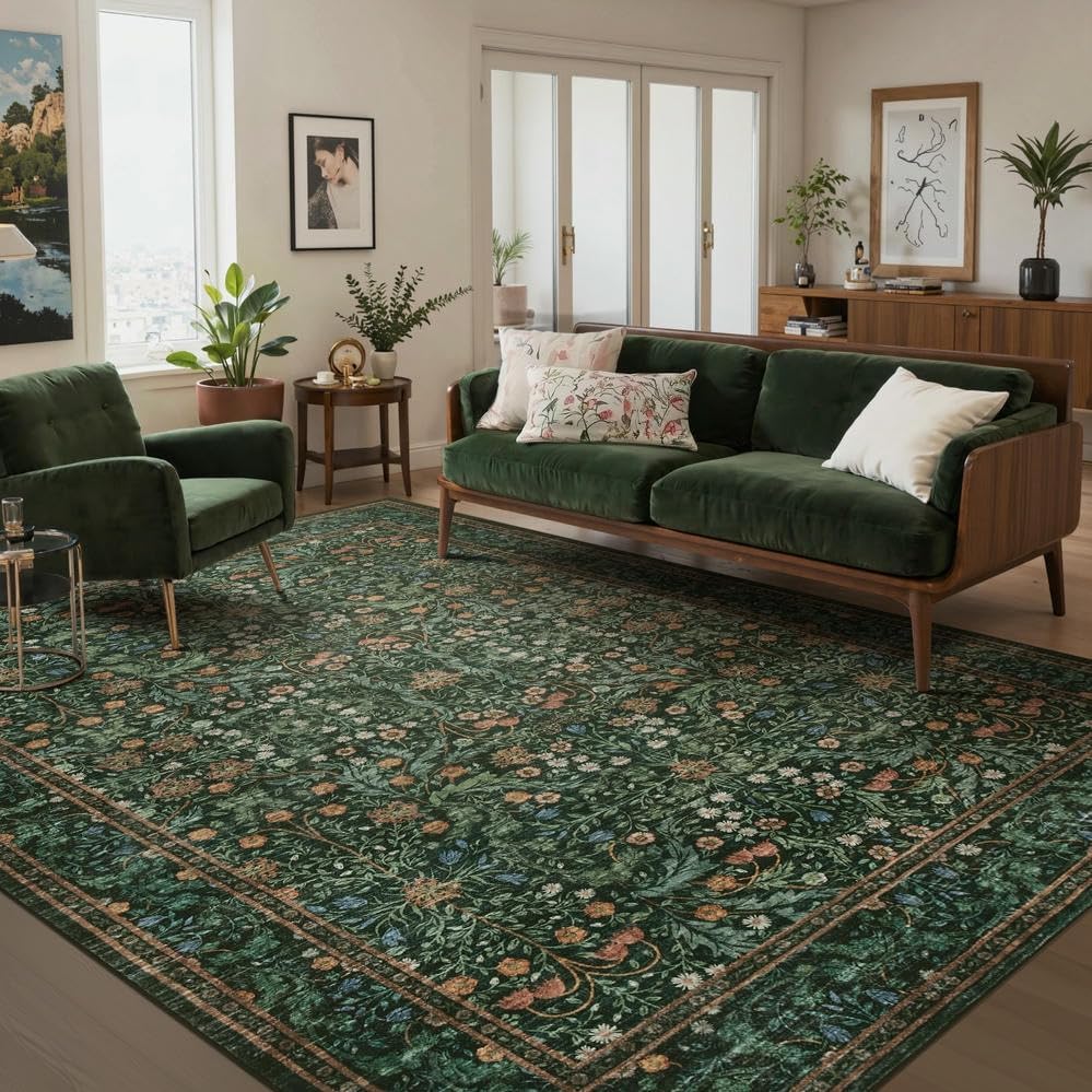 6x9 Area Rugs for Living Room Bedroom, Large Washable Rug, Green Vintage Floral Boho Rug, Non Slip & Low Pile Faux Wool Thin Carpet for Indoor Dining Room and Kids Room(Green 6x9ft)
