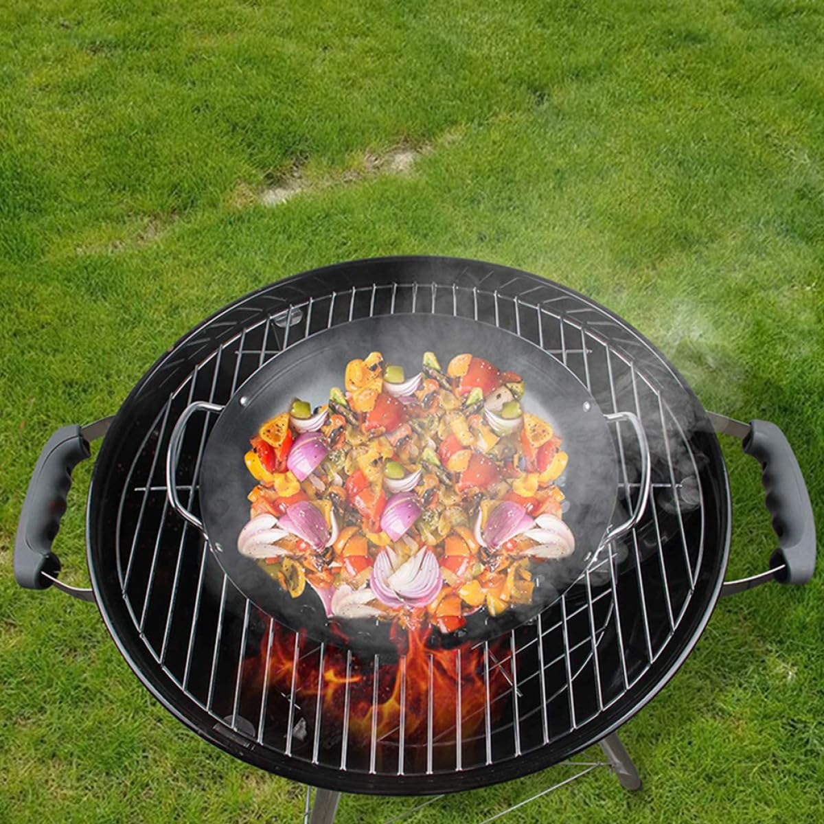 Housoutil Cestello per Grigliare Verdure Antiaderente Fori Grandi Wok Professionale Resistente All’Usura Doppia Impugnatura Vassoio di Scolo Comodo per Barbecue in Giardino e Uso Esterno