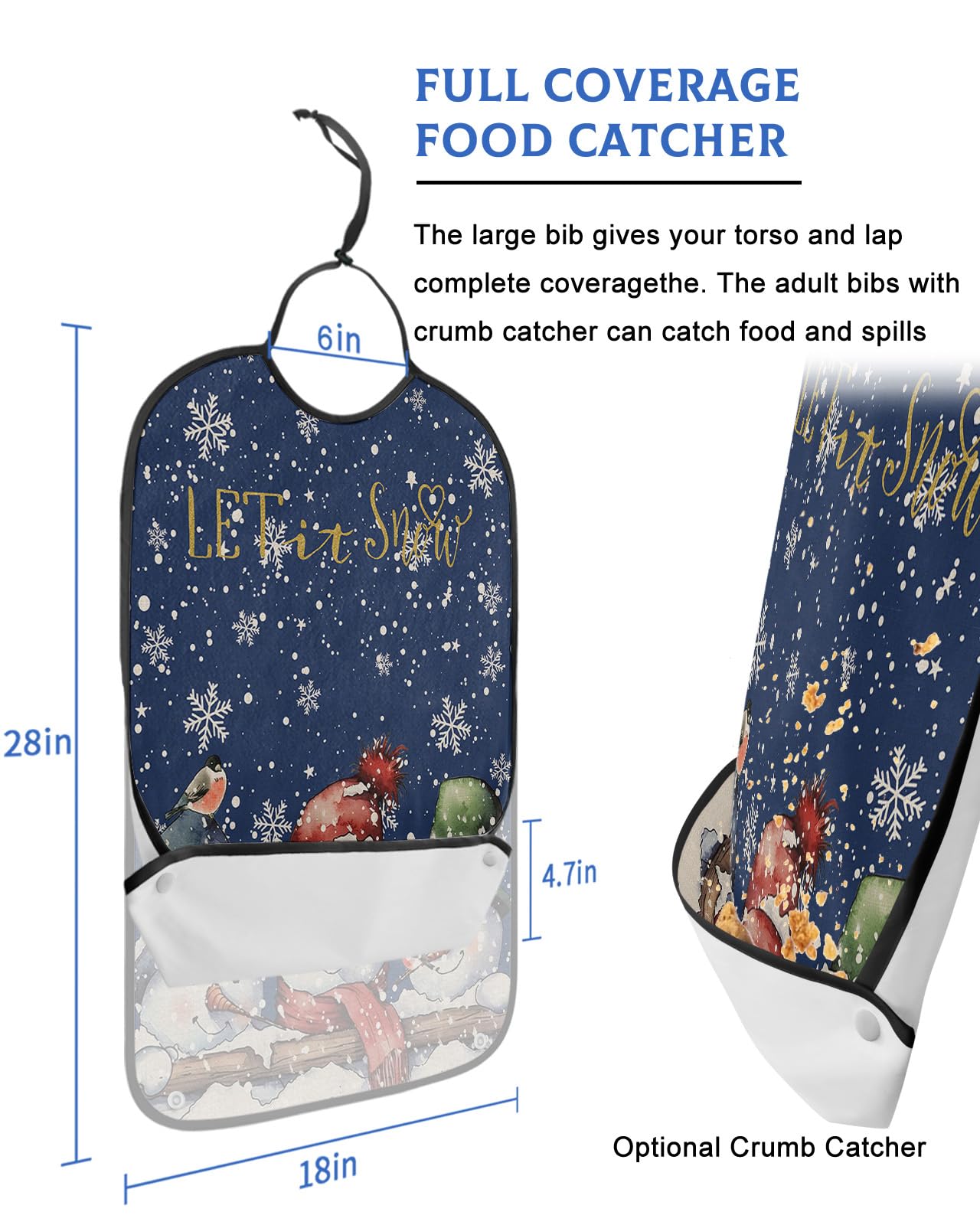 LEOKOTI Navy Blue Snowman Christmas Adult Bibs for Eating, Waterproof Bibs with Food Catcher & Adjustable Snap Closure, Winter Snowflake Xmas Washable Clothing Protectors Adult Bibs for Elderly