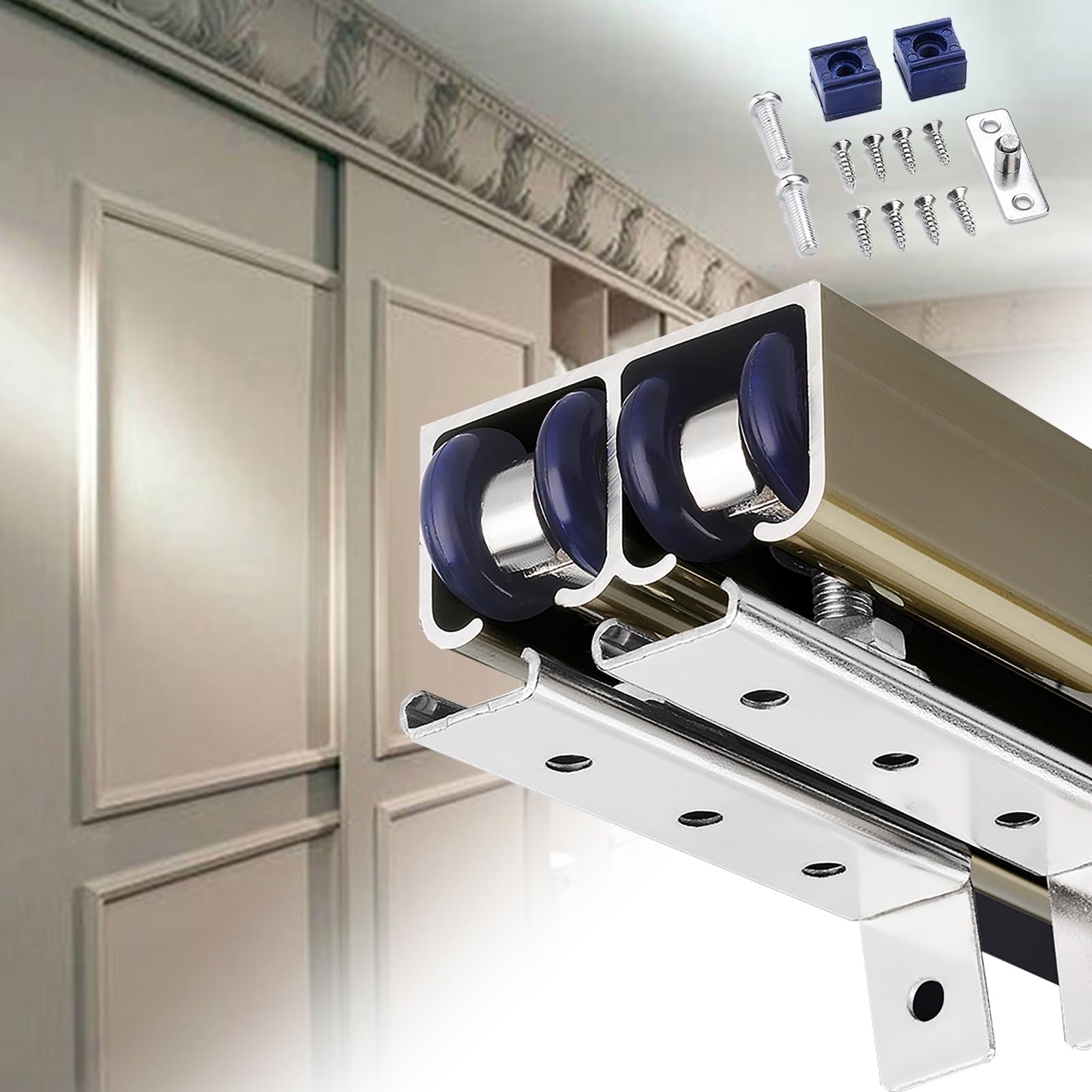 Binario per Porta Scorrevole Binario per Porta Scorrevole a Scomparsa Doppia 61 71 91 122 Cm, Binari per Porte Scorrevoli per Armadi con Ruote, Kit Ferramenta per Porta a Battente Bypass in Alluminio,