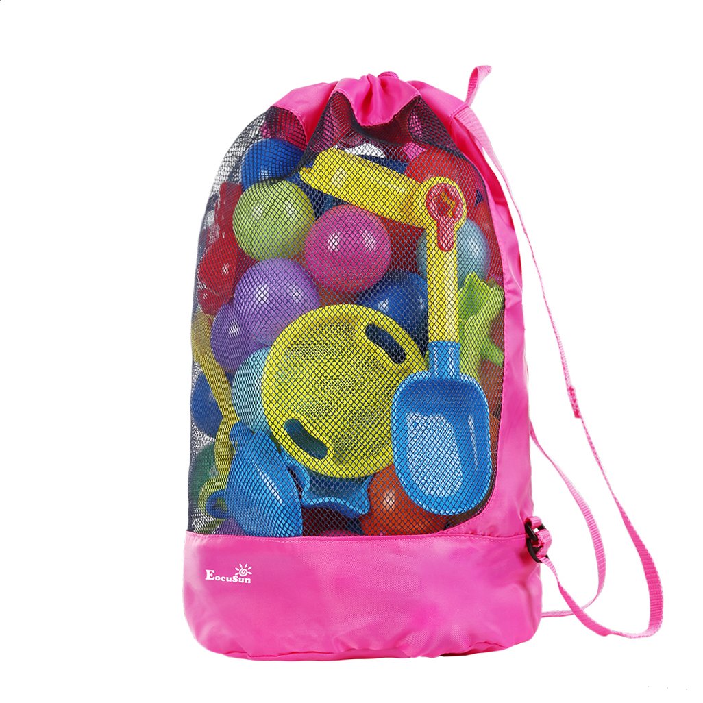 EocuSun Large Mesh Beach Bag Tote Durable Sand Away Drawstring Beach Backpack Swim and Pool Toys Balls Storage Bags Packs, Stay Away From Sand and Water, Toy Not Included, Hot Pink