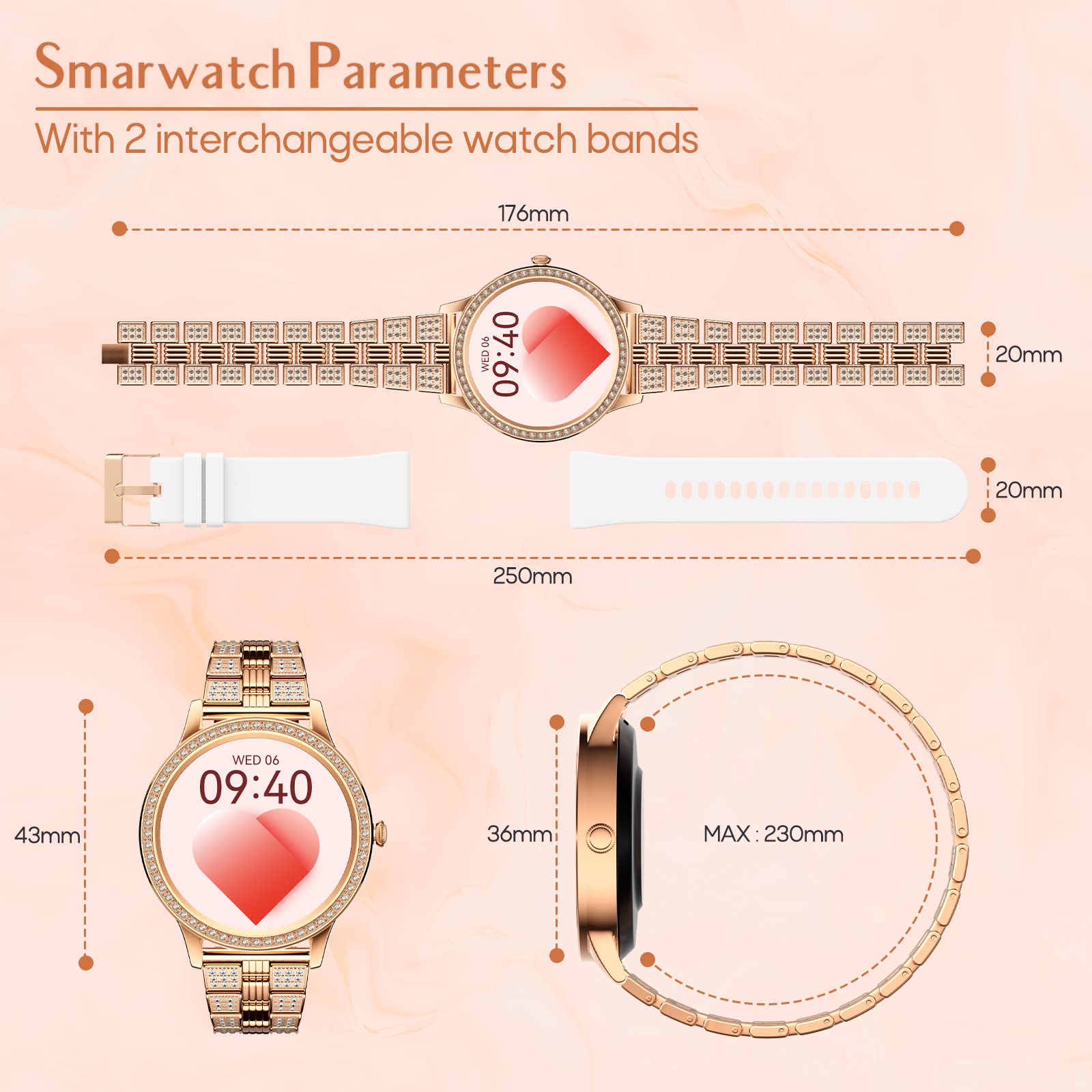 Nemheng Smartwatch Mujer con Llamada y Whatsapp，Elegante Reloj Inteligente con Oxímetro(SpO2) Pulsómetro Seguimiento Menstrual Monitor de Sueño Pulsera Actividad Mujer para Android iOS