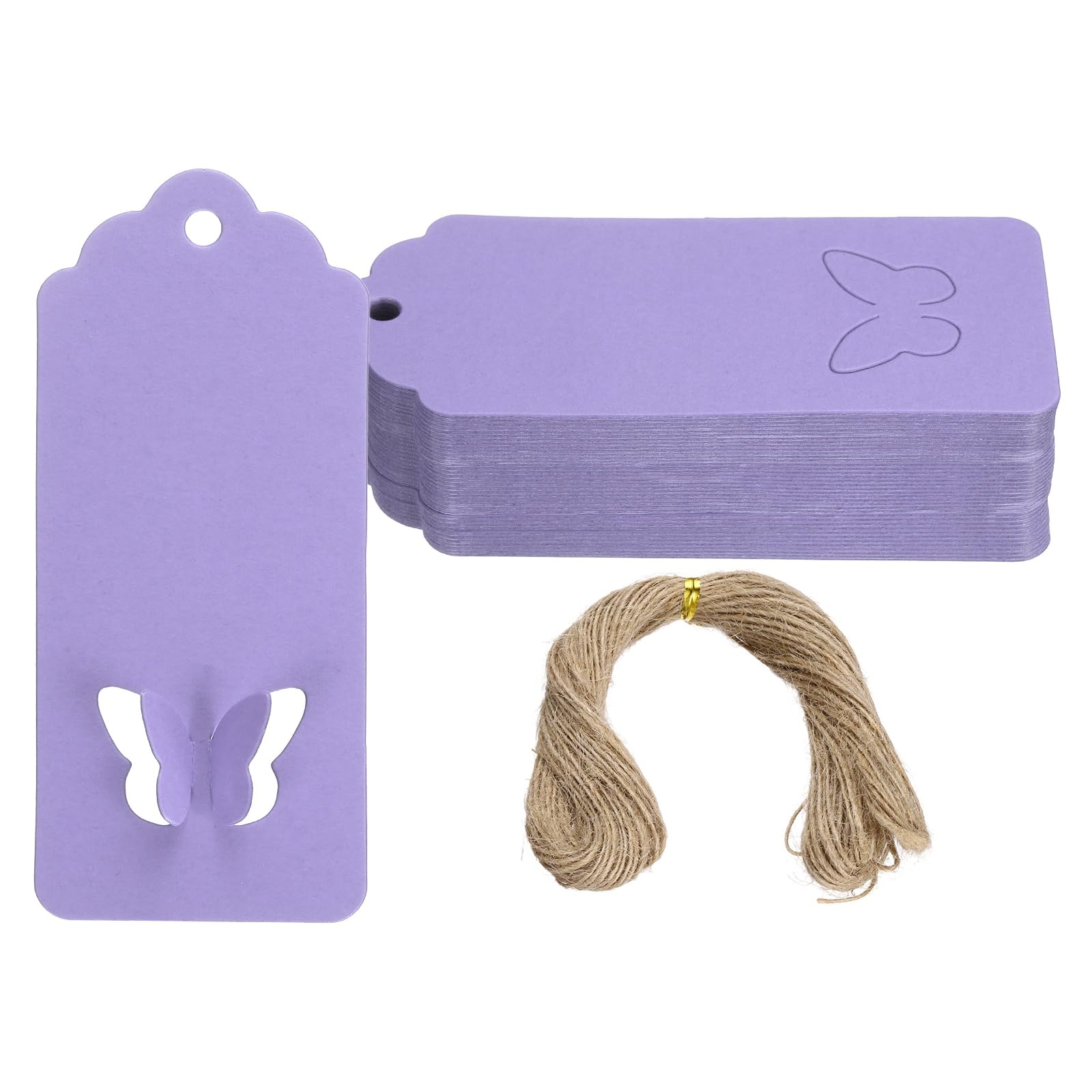 PATIKIL Gift Tags with String, 100Pcs Scalloped Top Rectangle Hollow Butterfly Blank Paper Tags Gift Wrapping Hang Labels with Jute Twine for Birthday Party Favors Wedding, Purple
