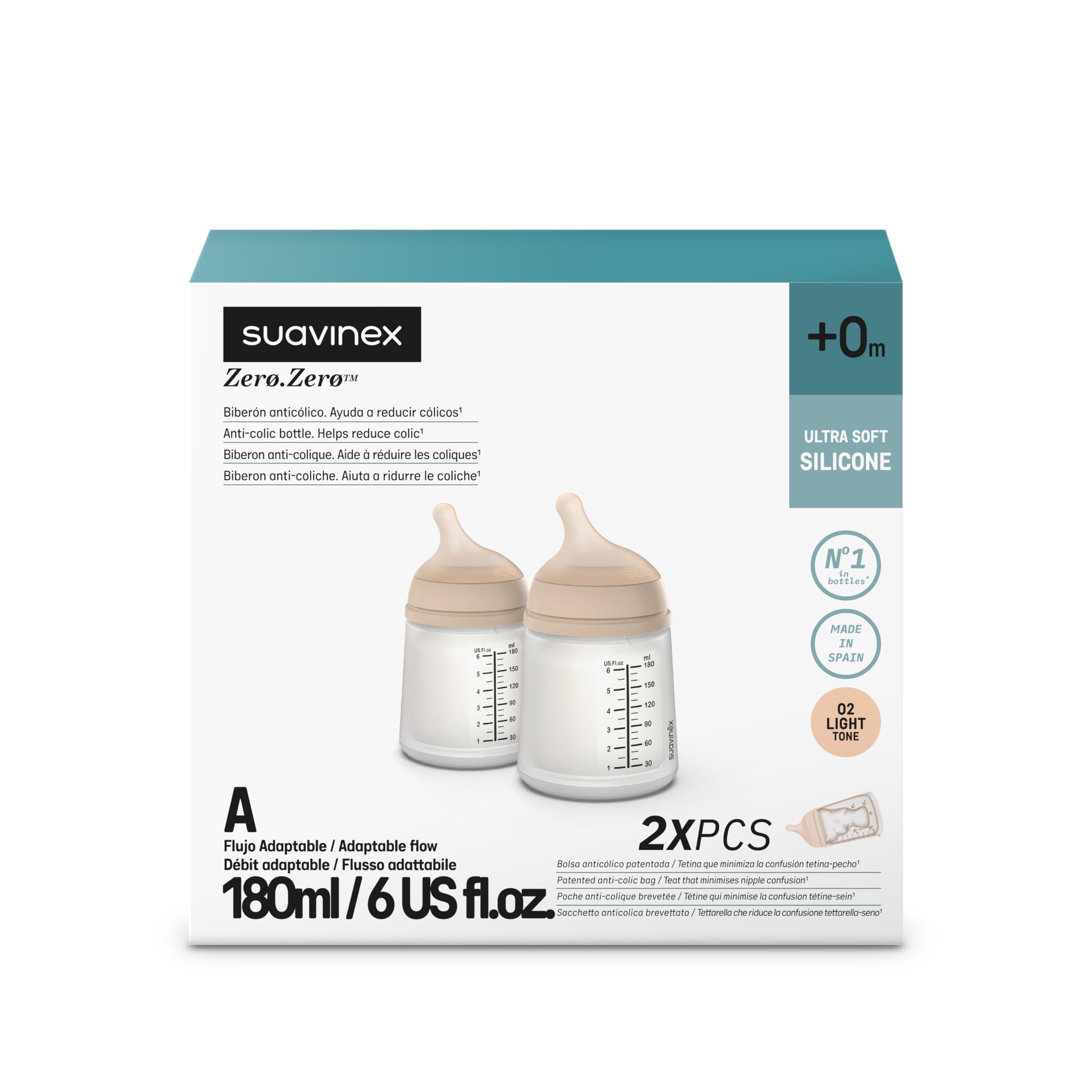 Suavinex, 2er Pack Anti-Colic Babyflasche Zero Zero, mit anpassbarem Silikon-Sauger (A), für Babys ab 0 Monaten und Neugeborene, speziell für Stillen, Muttermilch und Säuglingsnahrung, 180 ml, Light