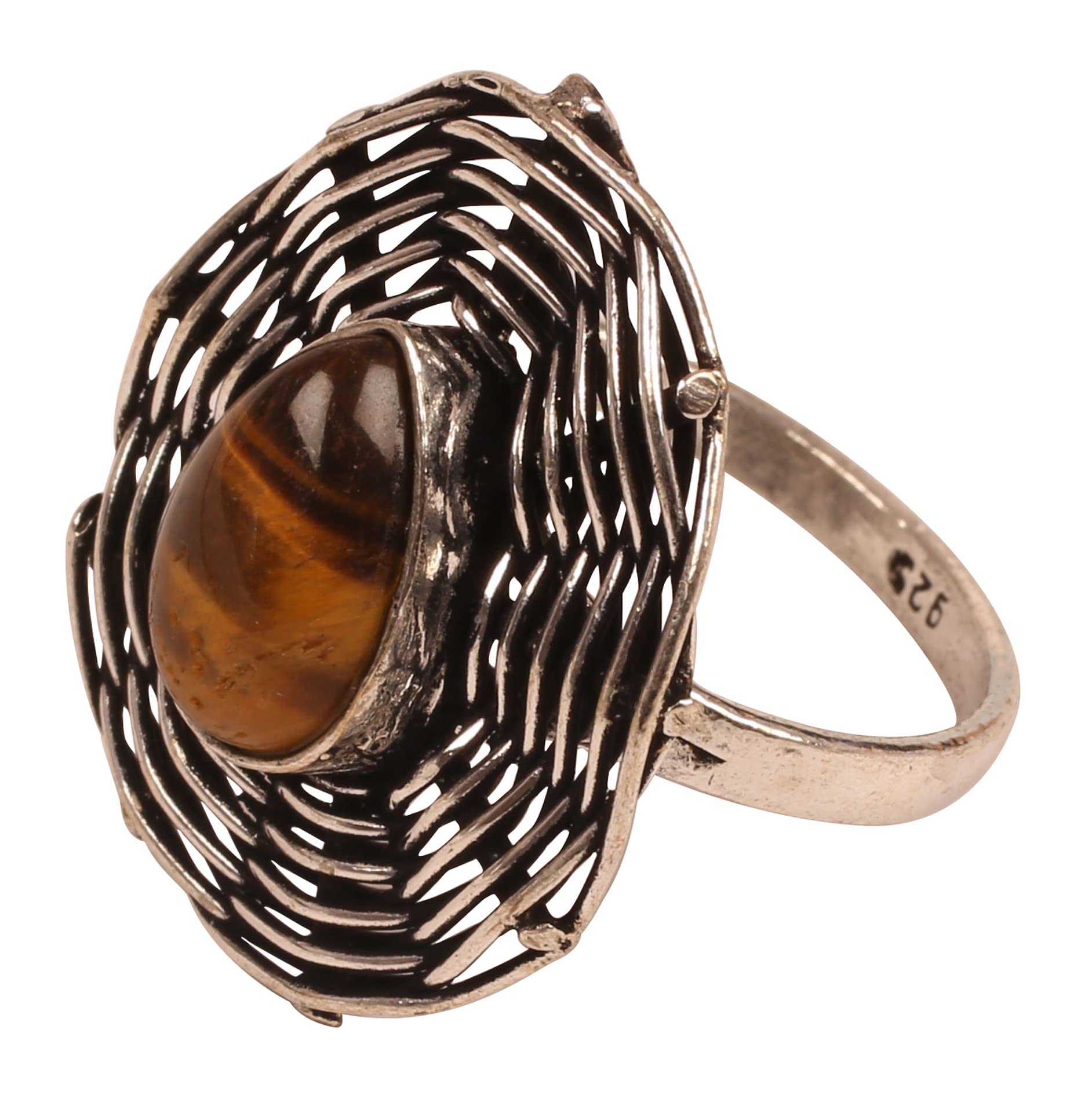 Indian Bollywood Desire Exclusive Handcrafted Concentric Wires Natural Tiger Eye Designer Jewelry Adjustable Size Finger Ring In White Tone For Women.-image-33