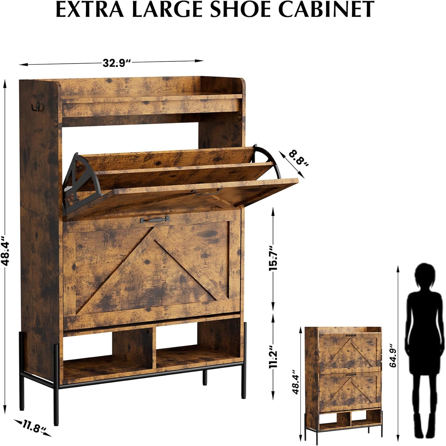 garveehome shoe cabinet with 2 flip drawers, freestanding shoe storage cabinet organizer for entryway, narrow shoe rack cabinet, dry and wet separation shoe organizer with metal legs, brown