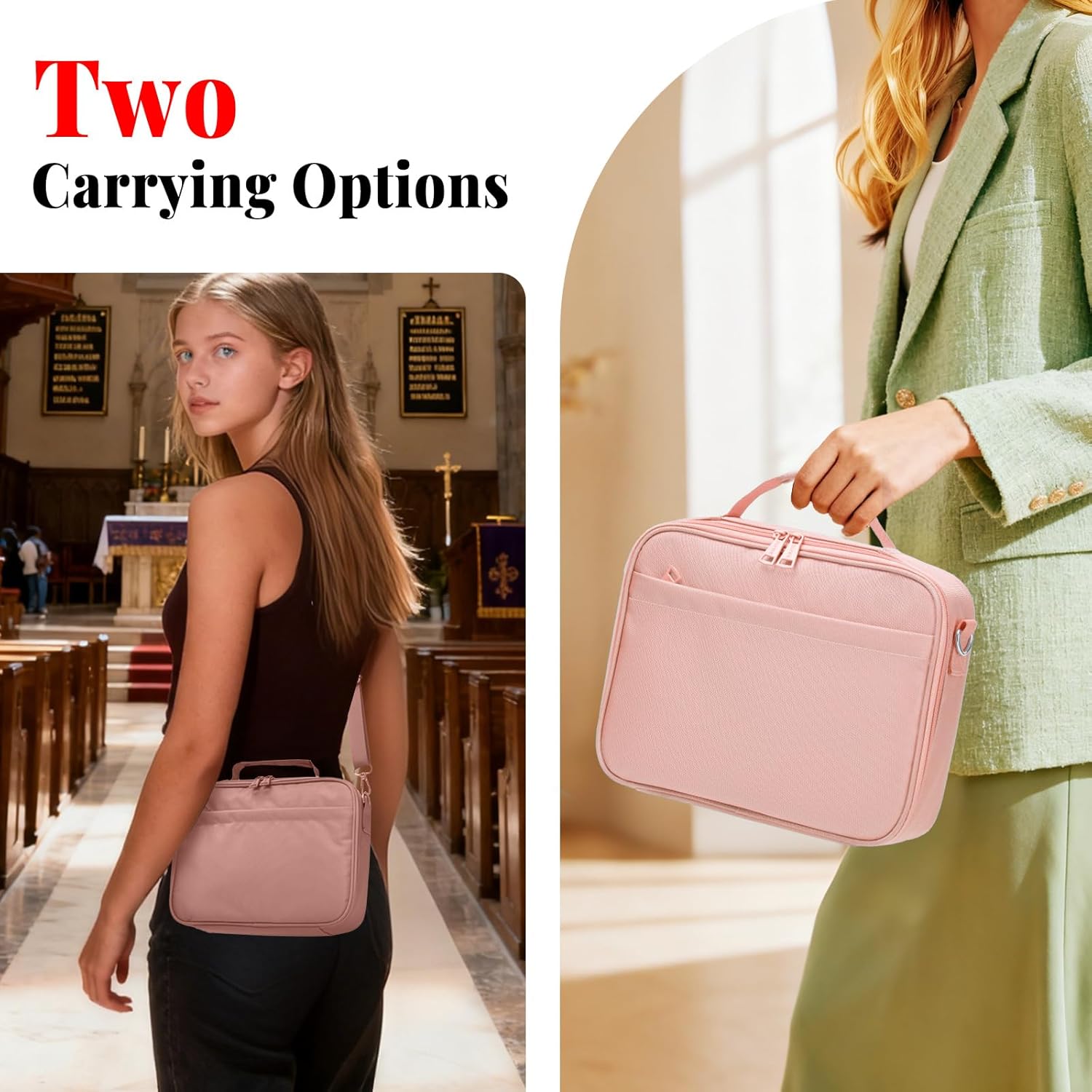 SUNEE Bible Cover for Women, Large Bible Bag w/Shoulder Strap Carrying Book Case w/Pen Slots and Zippered Pocket, Gift for Women & Men, Pink - Image 6