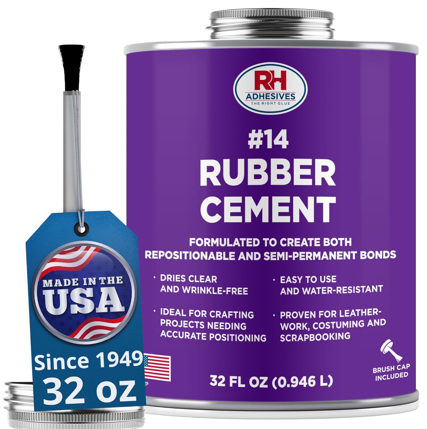 #14 Rubber Cement, 32 oz. can - Crafting, Leather, Upholstery, Costuming, Scrapbooking, DIY, Repostionable, Semi-Permanent - RH Adhesives
