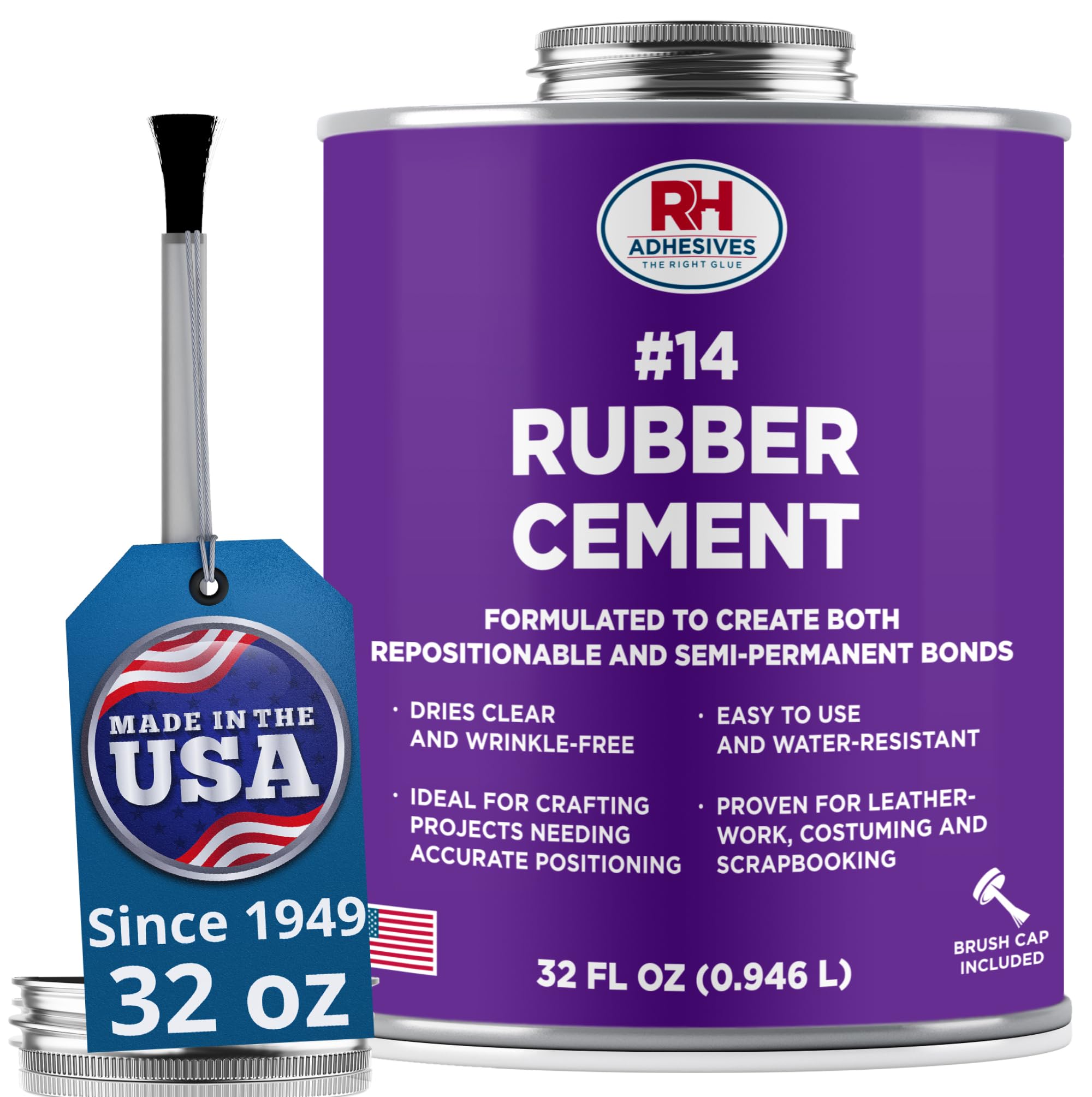 #14 Rubber Cement, 32 oz. can - Crafting, Leather, Upholstery, Costuming, Scrapbooking, DIY, Repostionable, Semi-Permanent - RH Adhesives