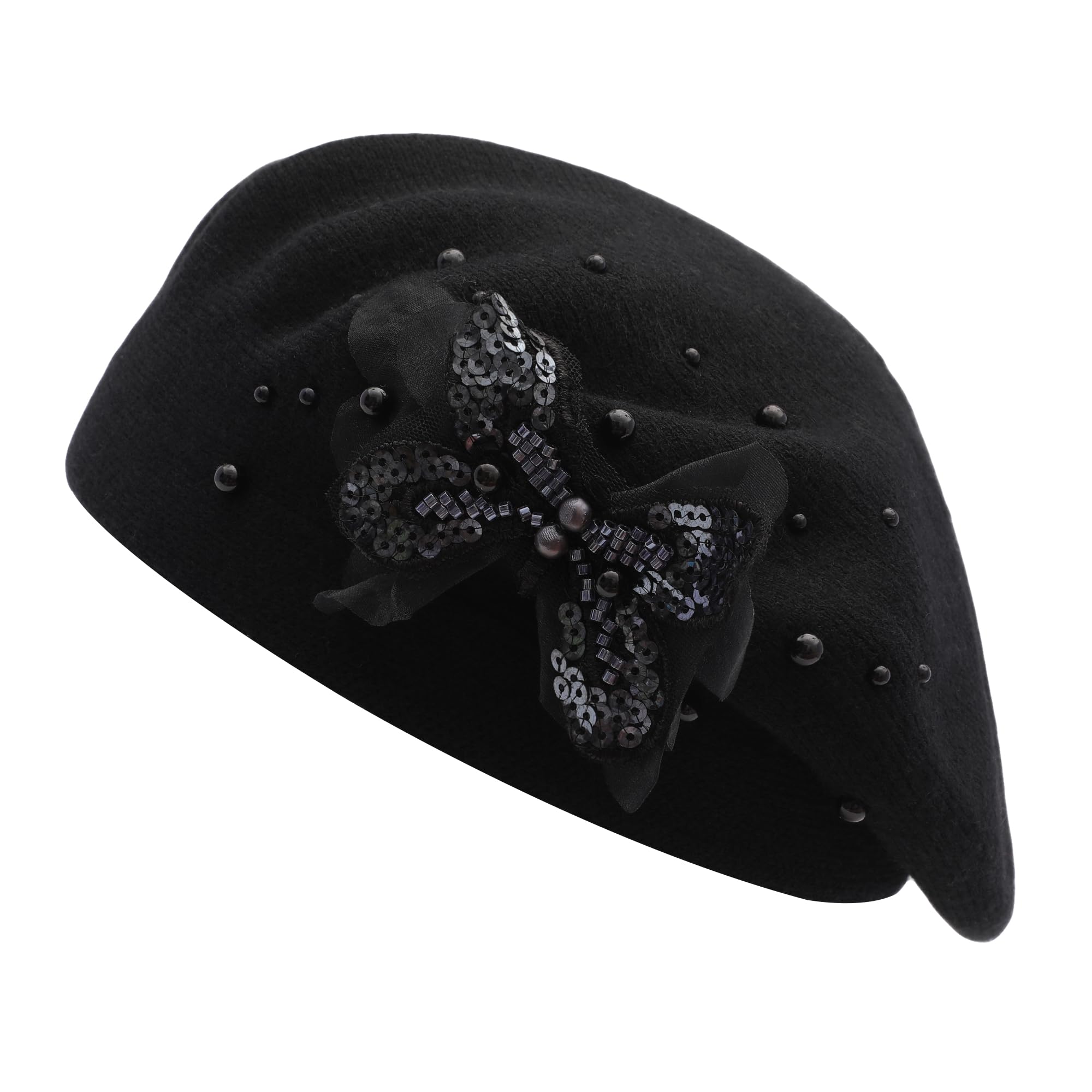 ZLYC Kids Beret Hat Girls Solid Color Knitted Floral Artist French Hat(Butterfly Black),One Size