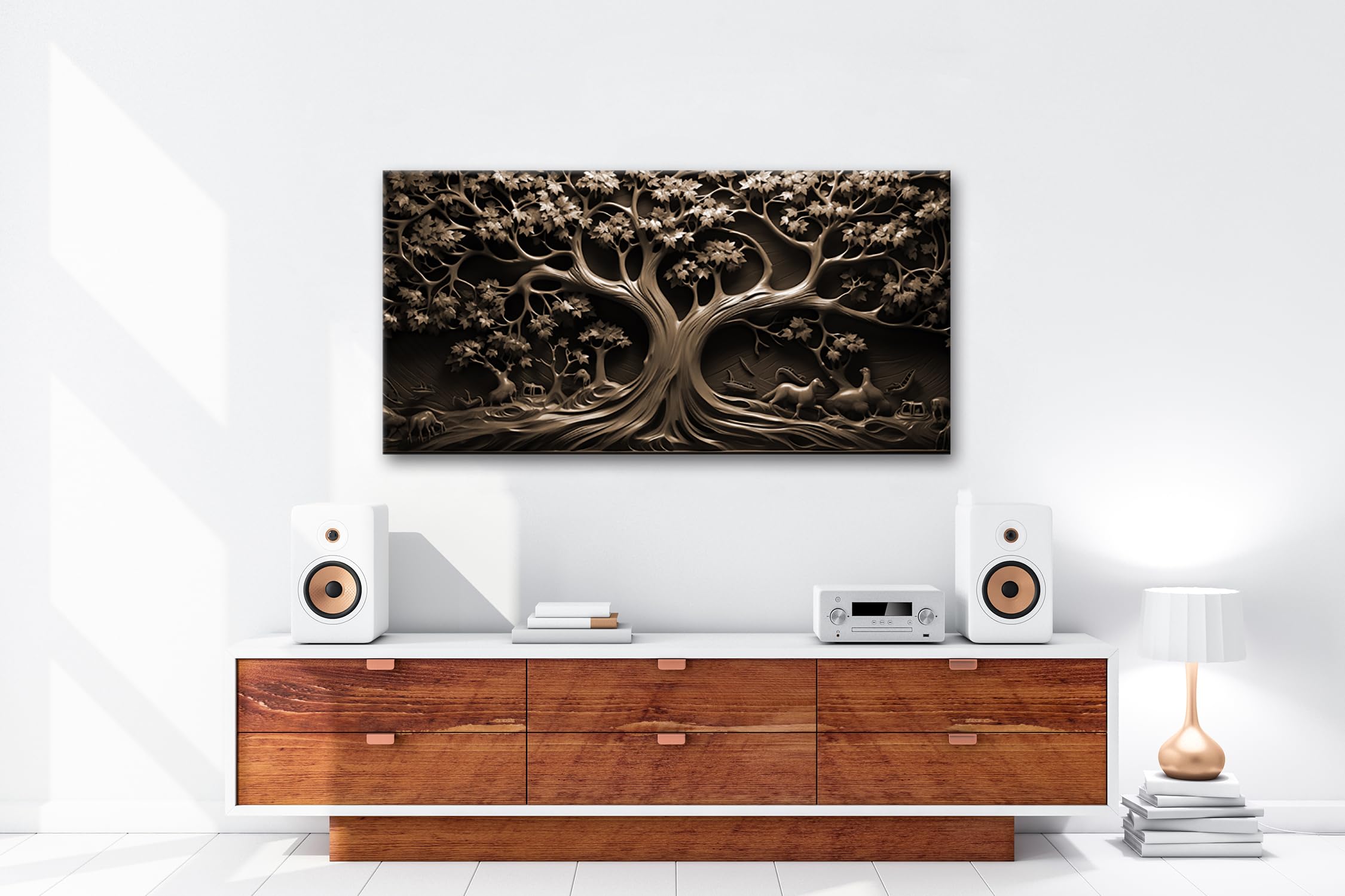Leinwandbild Baum des Lebens, kunstvoll geschnitzt in zeitlosem Holz. Panorama 100x50cm Effekt: Sepia XXL Kunstdruck Bild auf Keilrahmen/Wandbild/Wohnzimmer Dekoration