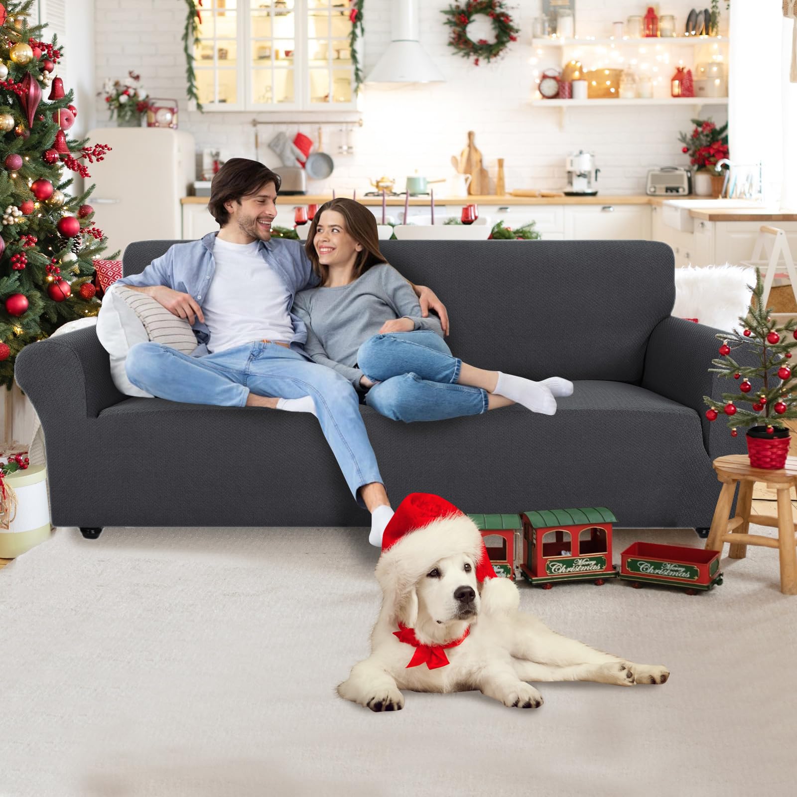 CYCMACO Copridivano 3 Posti Con Braccioli, Copridivani Elasticizzato Antiscivolo, Universale Moderno Copri Divano Antigraffio, Sofa Cover Antimacchia, Lavabile In Lavatrice, Grigio scuro