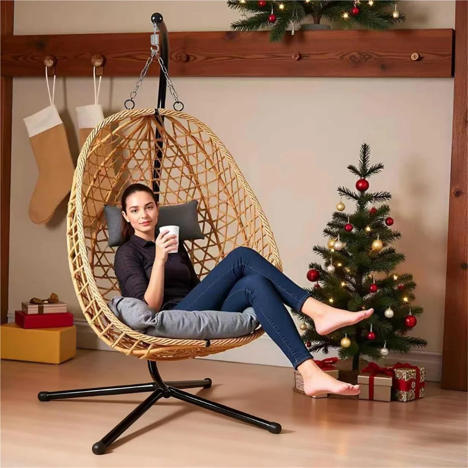 GHHZML Egg Chair Cushion Hanging Egg Chair With Stand & Cushions - All-Weather Rattan Swing For Patio, Balcony