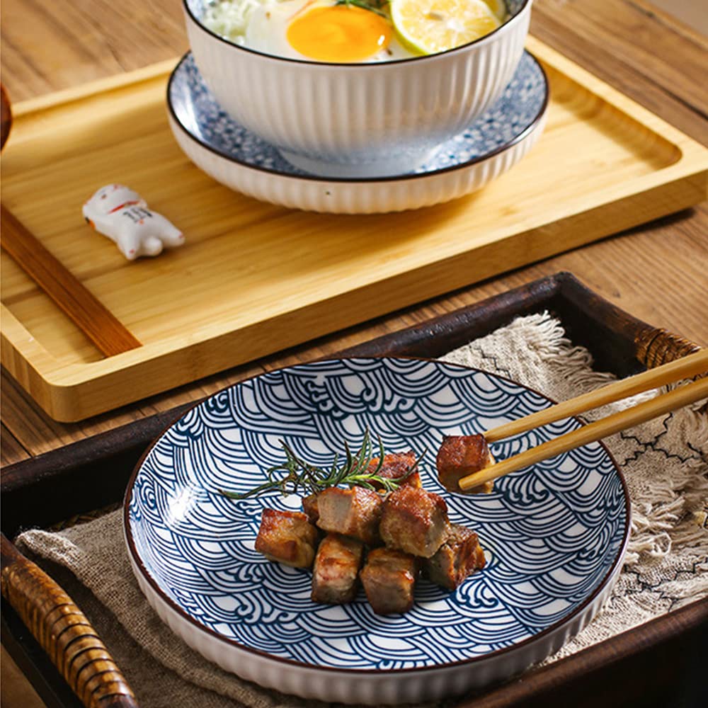 fanquare Assiettes de Dîner Bleues et Blanches de 20cm - Lot de 6, Assiettes Plates en Céramique pour Pâtes, Crêpes, Steak - Compatible avec Lave-Vaisselle et Micro-Ondes