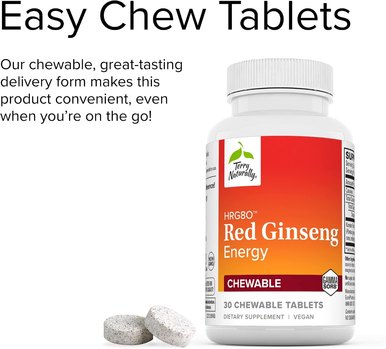 Terry Naturally HRG80 Red Ginseng Energy - 30 Chewable Tablets - Red Ginseng Root Powder, Panax Ginseng, HRG80 - Non-GMO, Vegan, Gluten Free - 30 Servings
