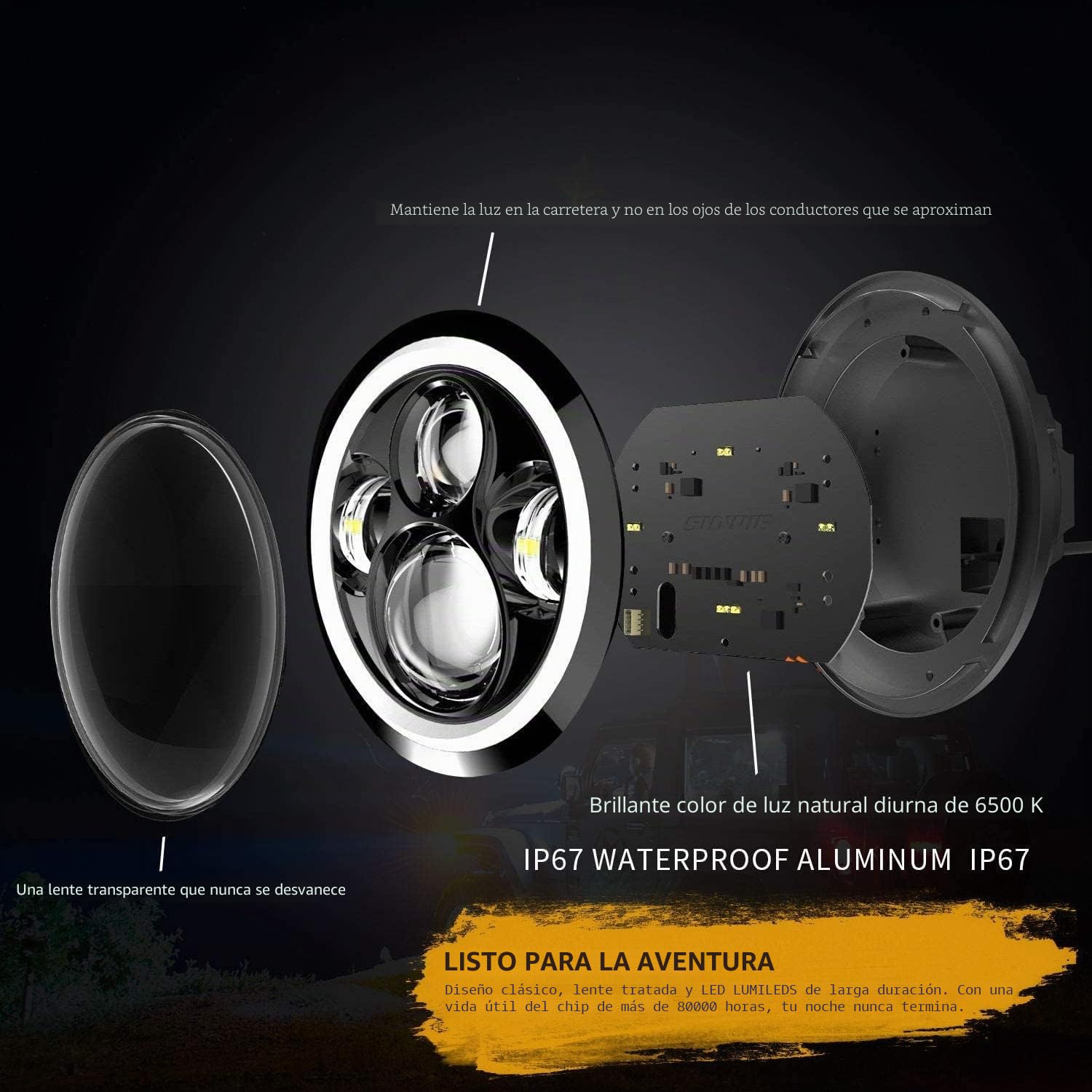 7" Luz de trabajo LED de100W 10000LM 4 lentes Ojos de ángel 3000K+6000K 4 modos de iluminación Luces LED todoterreno redondas negras Cree Luz baja DRL HI LO Haz para Wrangler JK TJ LJ CJ Hummber H1 H2