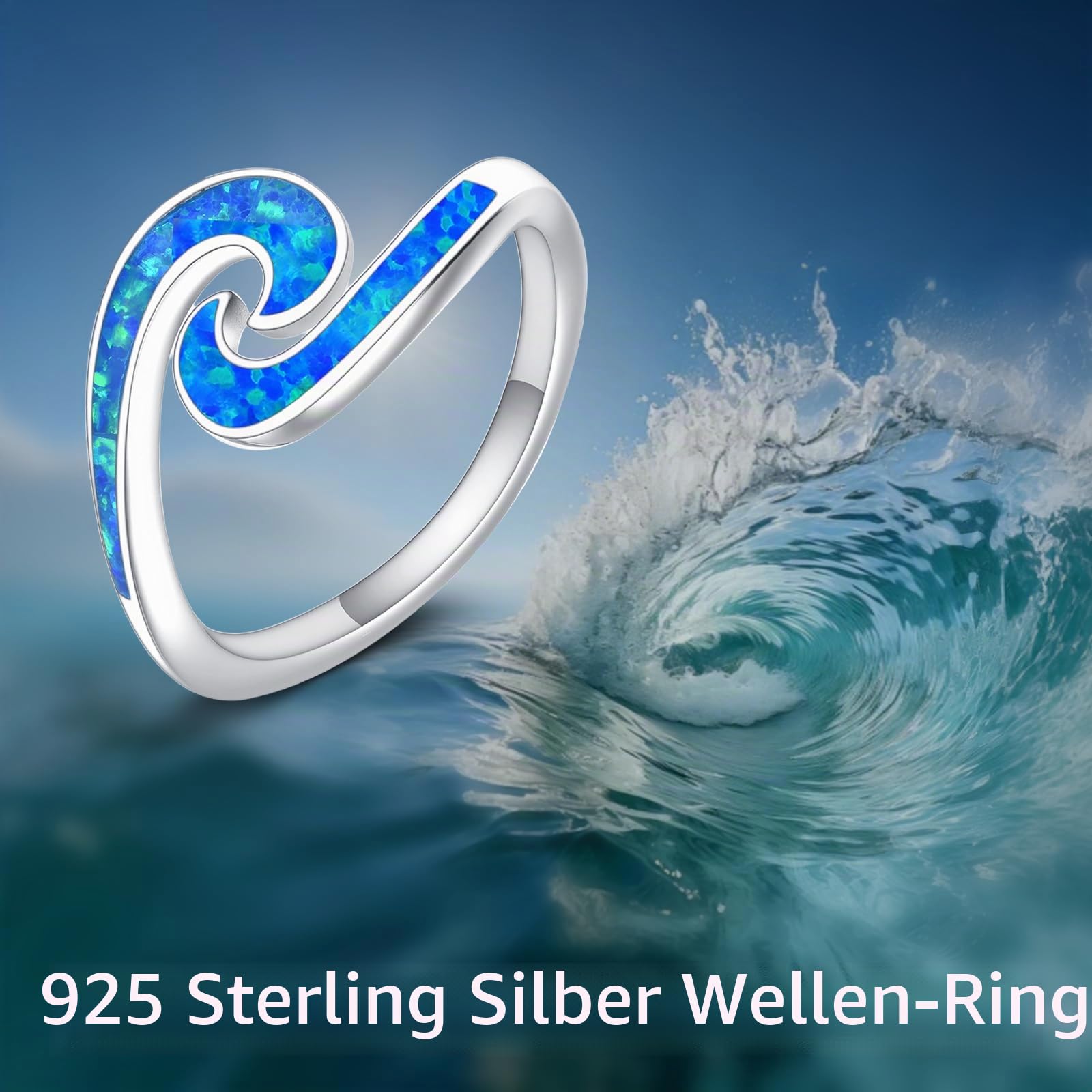 URONE Wave Ring 925 Sterling Silver Blue Opal Ocean Wave Rings Sea Beach Jewellery Gifts for Women