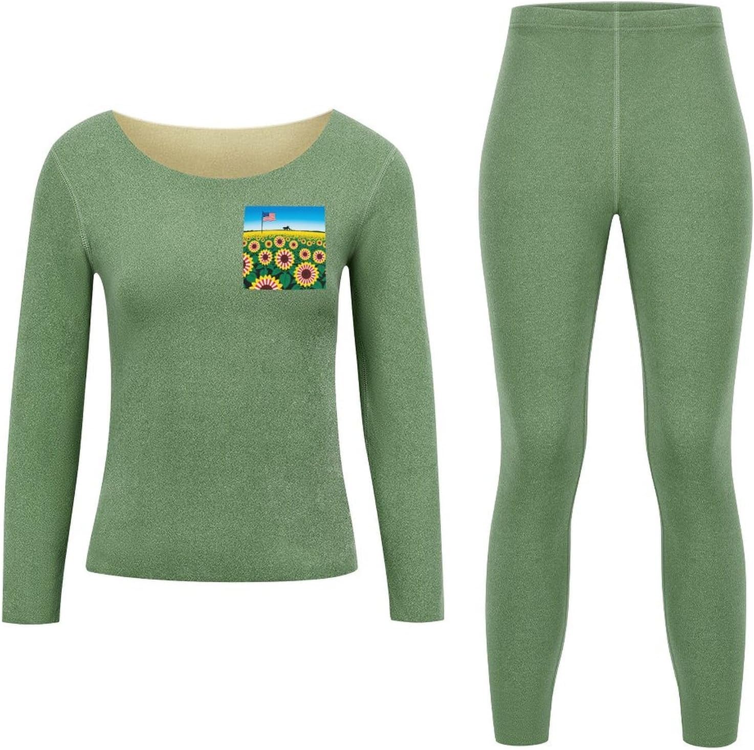 Women's American-Sunflower Thermal Underwear Set Soft Long Johns Base Layer Top & Bottom for Cold Weather