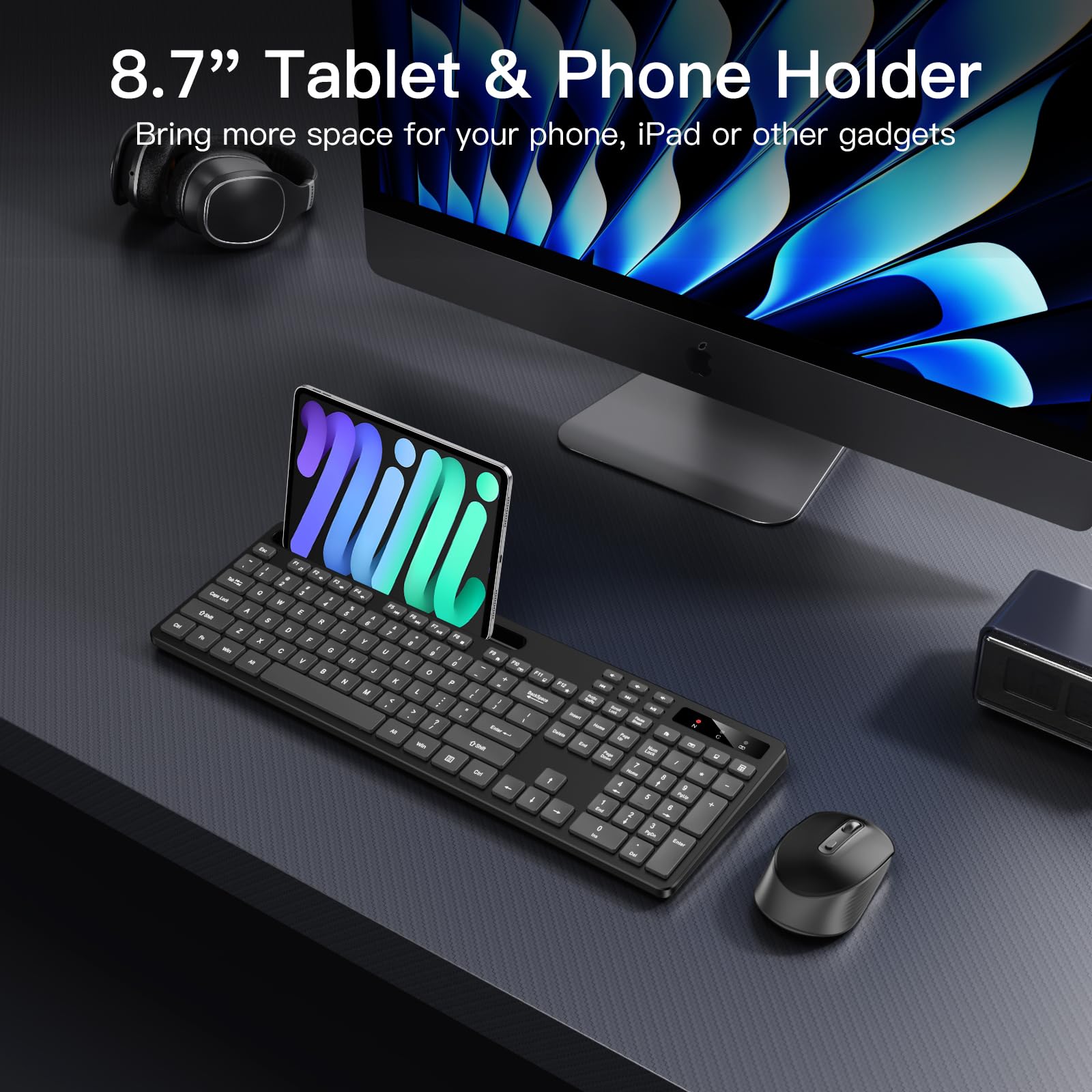 Wireless Keyboard and Mouse Combo, Soueto 2.4G Full-Sized Computer Keyboard with Phone Tablet Holder, 22 Multimedia Shortcuts, Numeric Keypad, 6 Button Silent Mouse for Windows, Mac (Space Black)