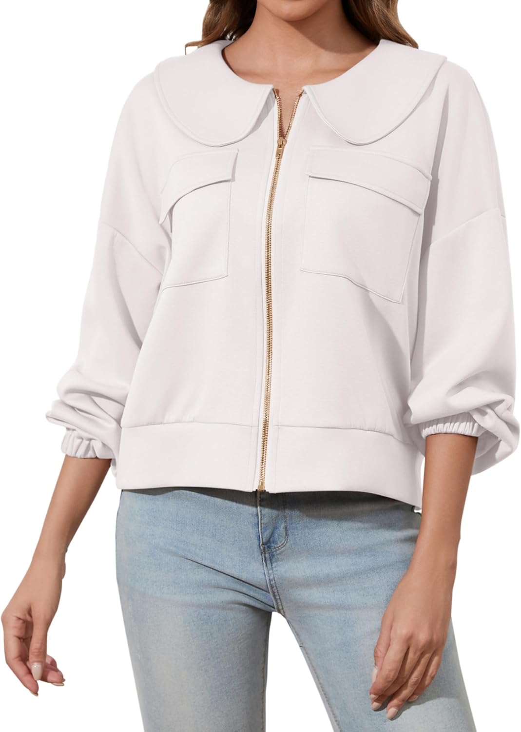 (Size M) Womens Zip Up Sweatshirt Jacket Collared Casual Loose Long Sleeve Drop Shoulder Sweatshirt with Pockets White, Medium