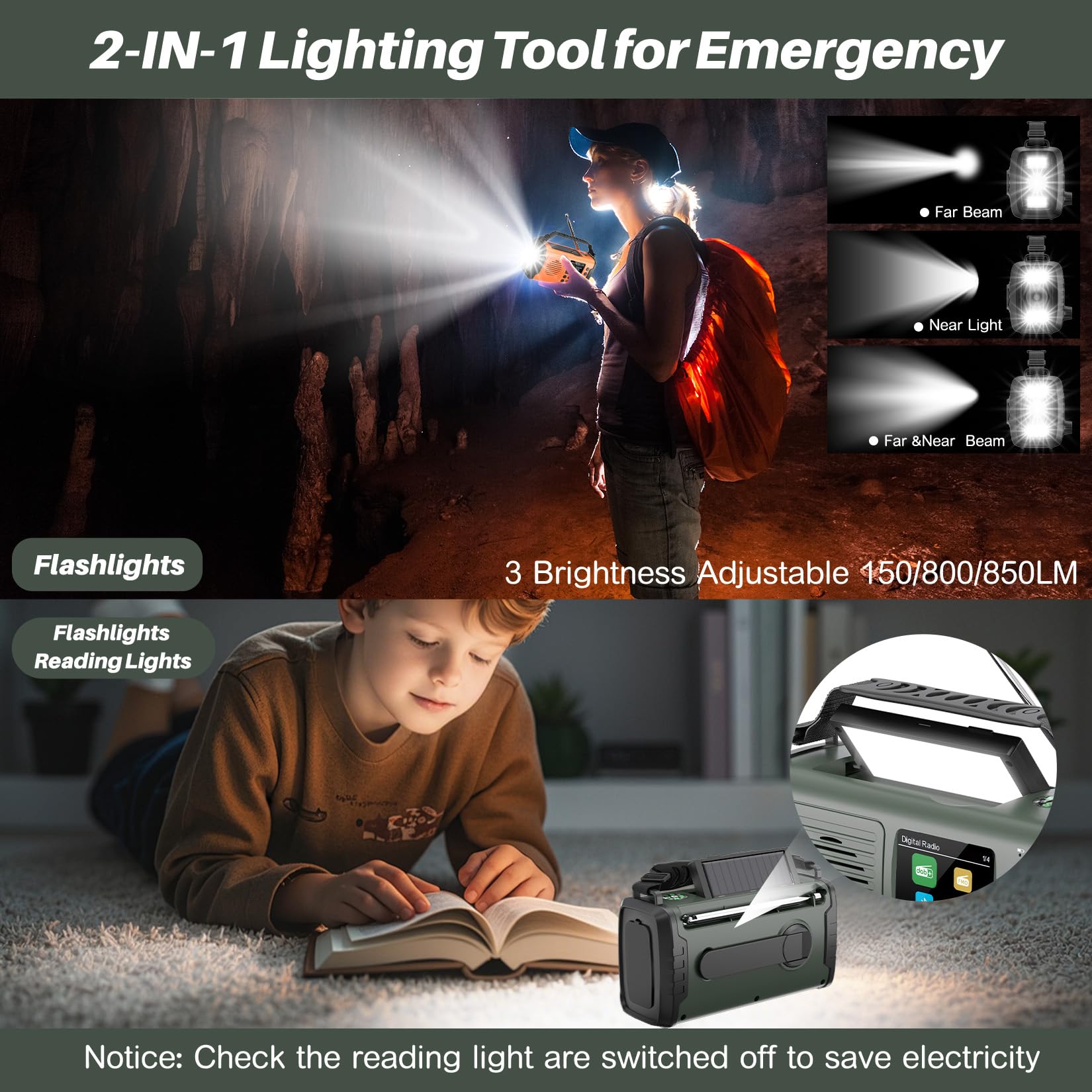 Kurbelradio DAB FM 20000mAh, Notfallradio DAB Plus Kurbel Solar, Solar Radio Notfall mit Bluetooth & Wecker, Emergency Radio mit Handy Ladegerät & Taschenlampe, SOS Kompass Survival Radio (Grüner)