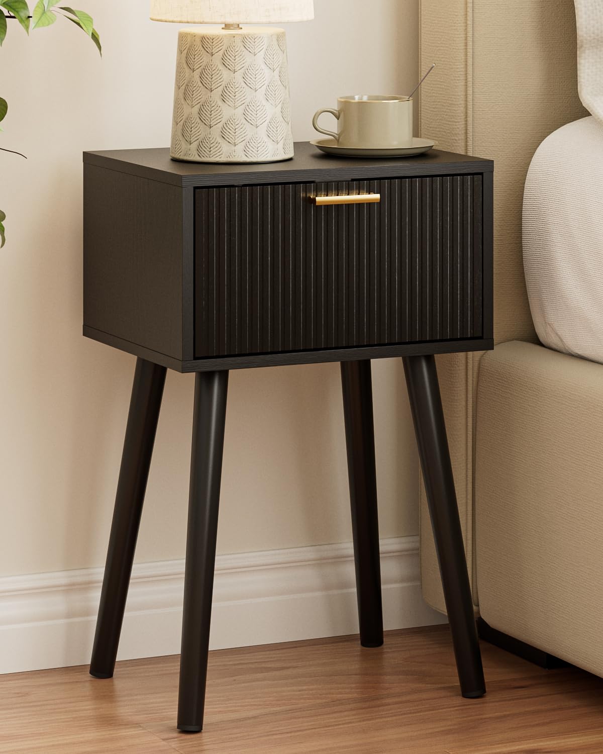 Night Stand, Black Nightstand with Fluted Door, Small Modern Mid-Century Bedside Table for Bedroom, End Table for Living Room