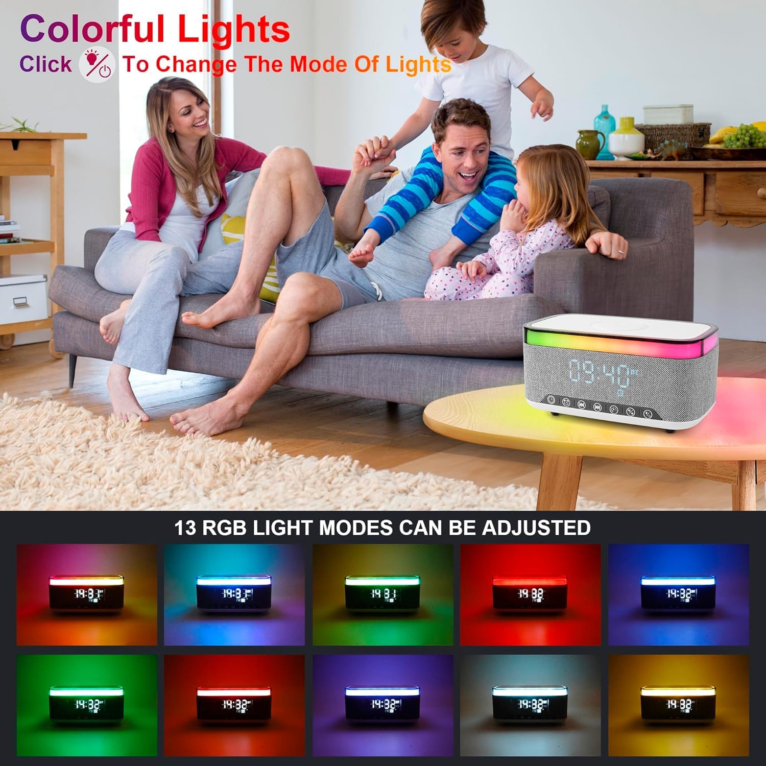 Lampe de Charge sans Fil, Reveil Chargeur Induction, Enceinte Bluetooth avec éclairage d'ambiance synchronisé avec la Musique, Réveil numérique,pour Chambre/Camping/décor de Salon