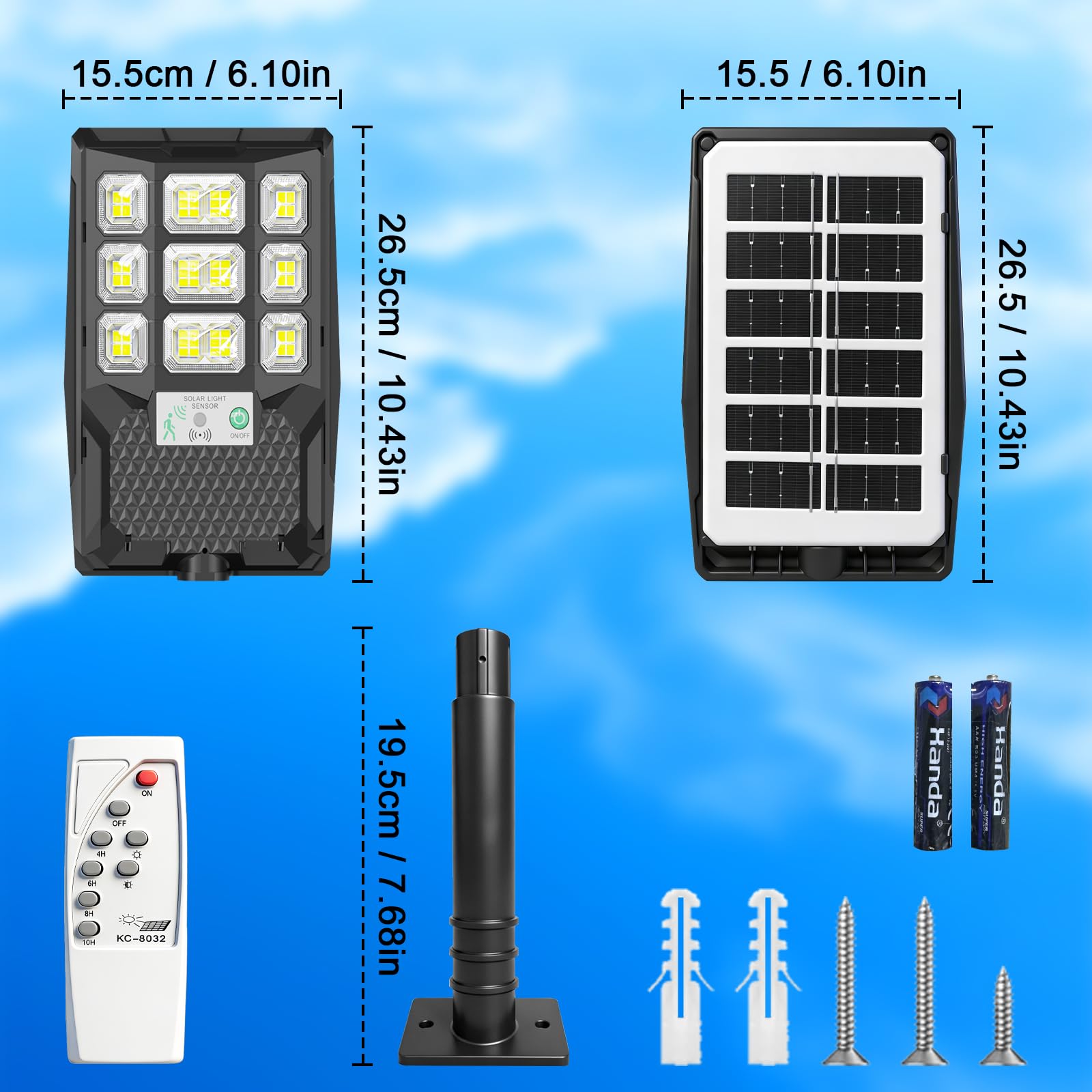 CREATESTAR Lampione Solare Led Esterno 300W, IP66 Impermeabile Faretto Stradale 6500K Lampada Stradale Solare con Sensore di Movimento Telecomando, Faro led esterno per Garage Terrazza Giardino Strada