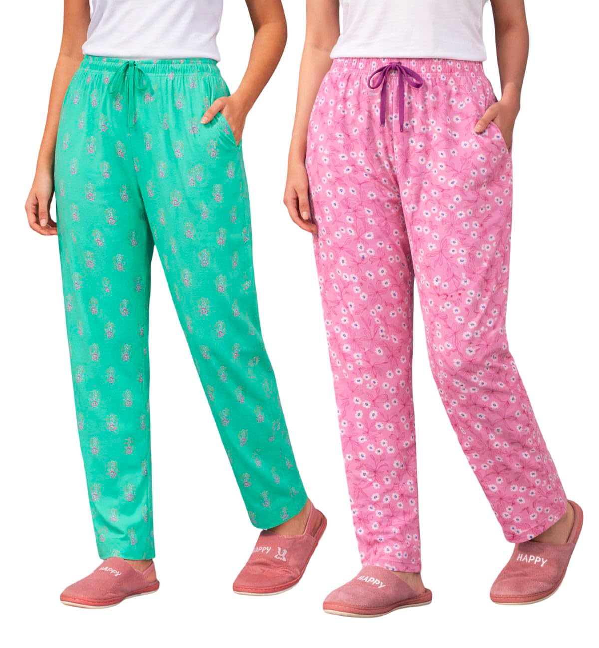 Women’s Printed Cotton Pyjama Pants Pack of 2 | Soft Comfortable Night Wear Pajama Bottoms for Women (GREEN-PINK, M)-image-39