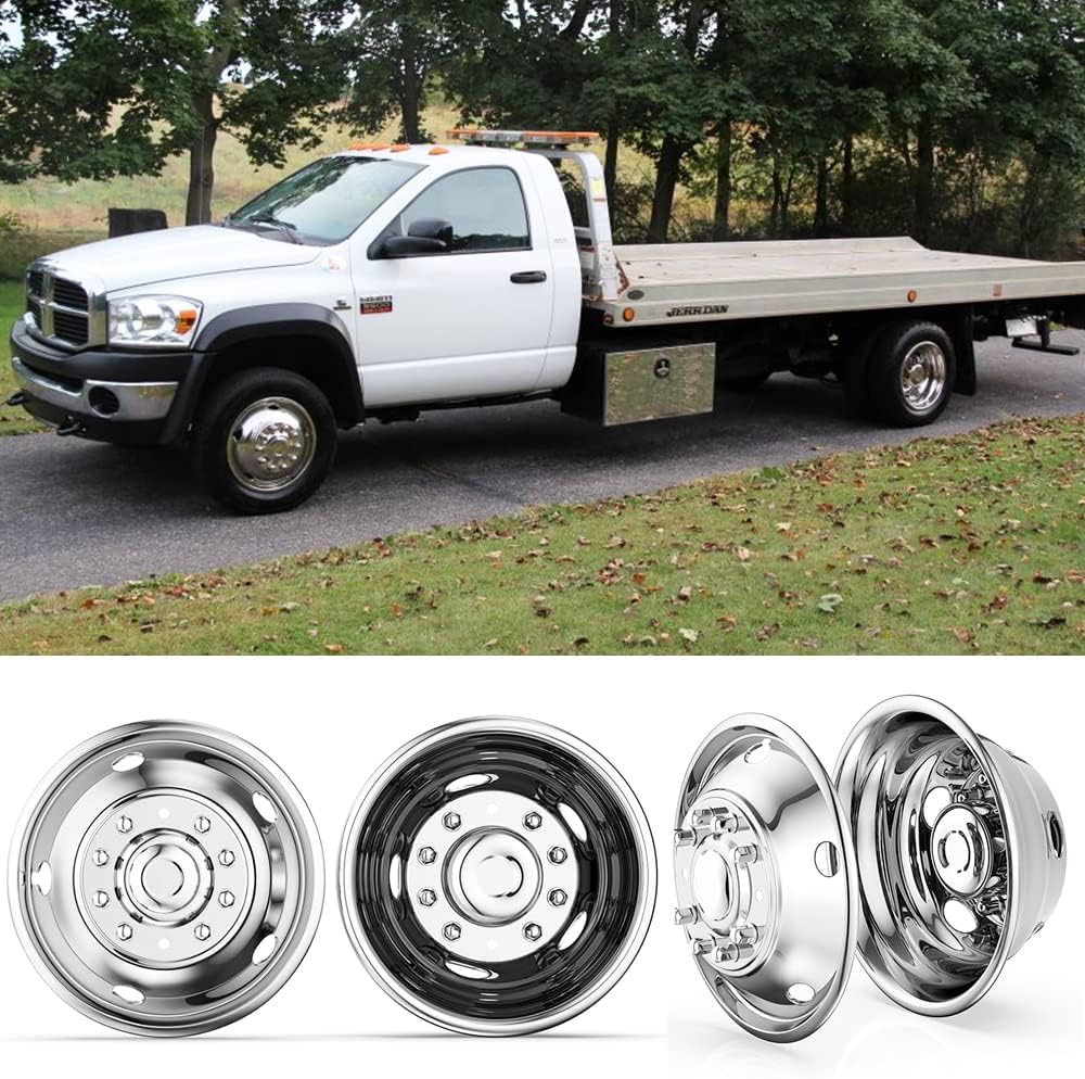 19.5" Polished Stainless Steel Dually Wheel Simulator for2012-2025 Dodge Ram4500/5500 Truck,4pcs Durable and Nice Looking Bolt On Hubcaps,10 Lug 5 Hand Hole Wheel Cover