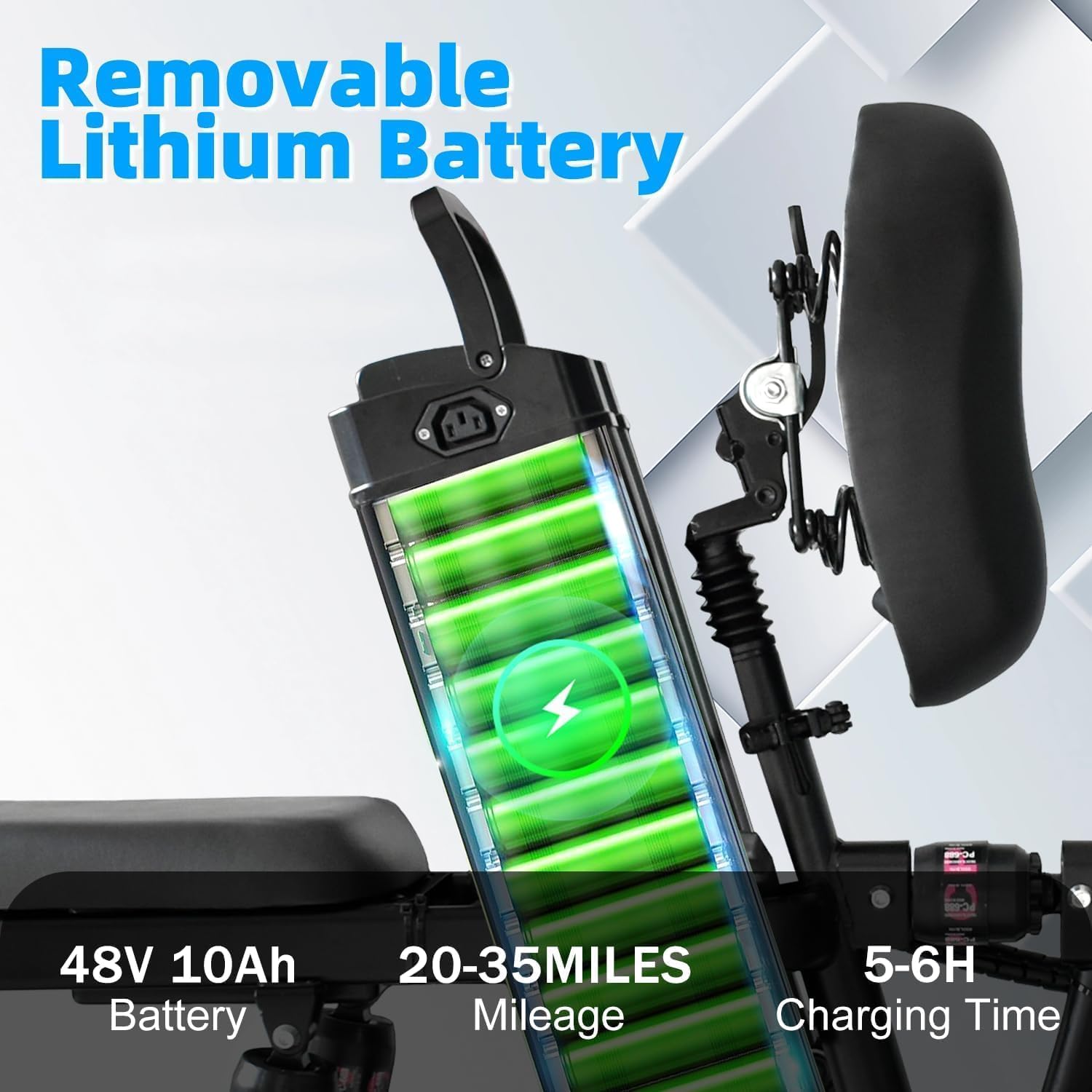 Illustration of DEEPOWER K100 removable battery and charging details