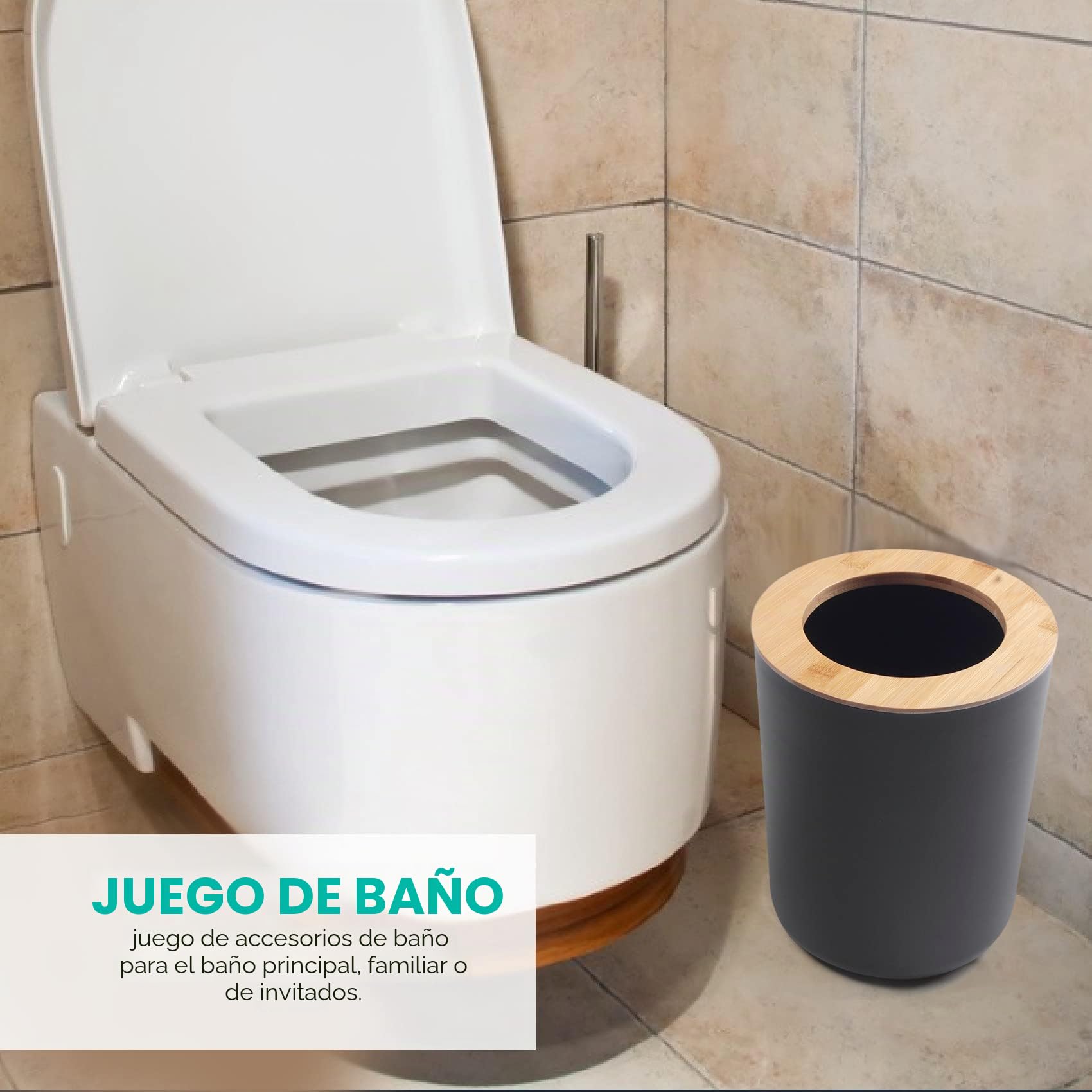 de Accesorios de baño de bambú de 6 Piezas: jabonera, Soporte para Cepillo de Dientes, de Enjuague, Botella de loción, de Basura, Cepillo de Inodoro, para el lavadero del hogar, Negro
