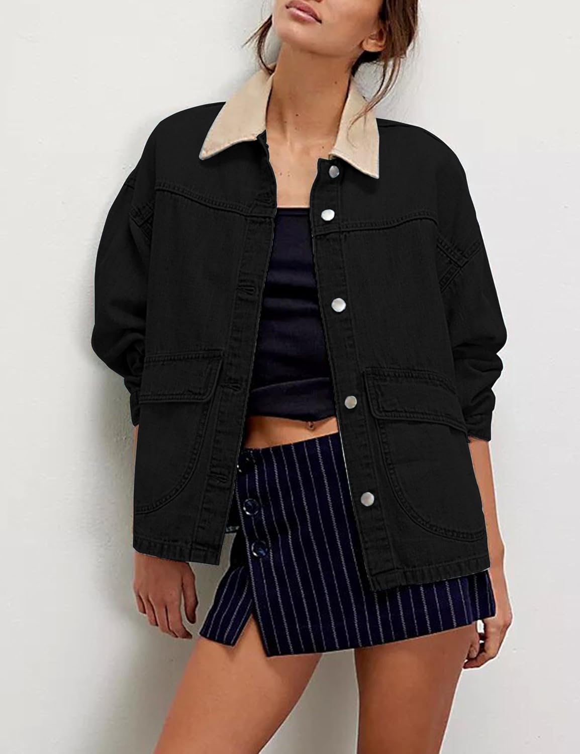 Lumister Women's Oversized Denim Jacket with Contrast Trim Long Sleeve Button Down Jean Coat with Pockets Outerwear - Image 2