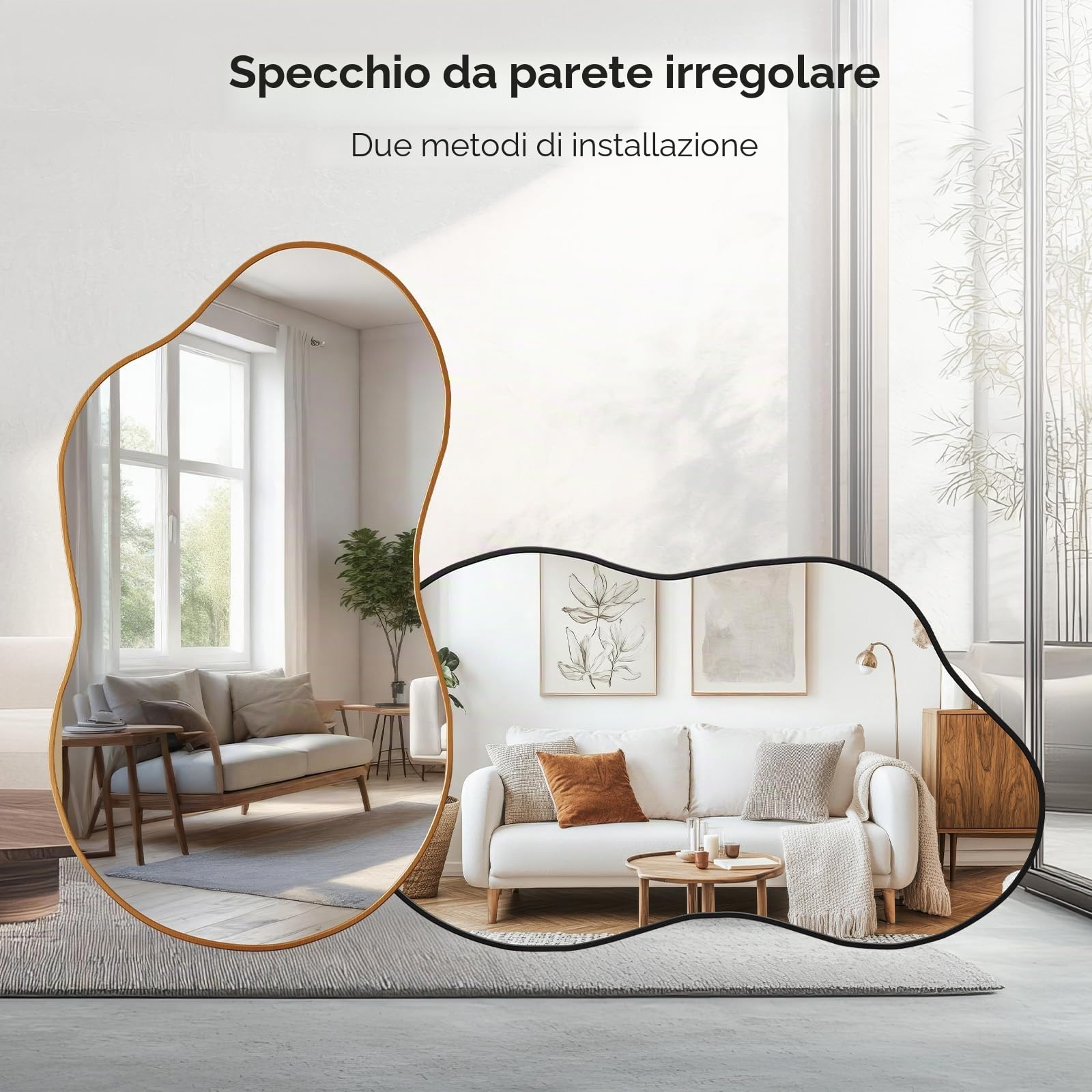 MAMIZO Specchio asimmetrico, 50 x 91 cm, specchio da parete di forma irregolare, vetro temperato, cornice in alluminio, specchio decorativo, specchio da trucco unico, specchio da bagno, oro