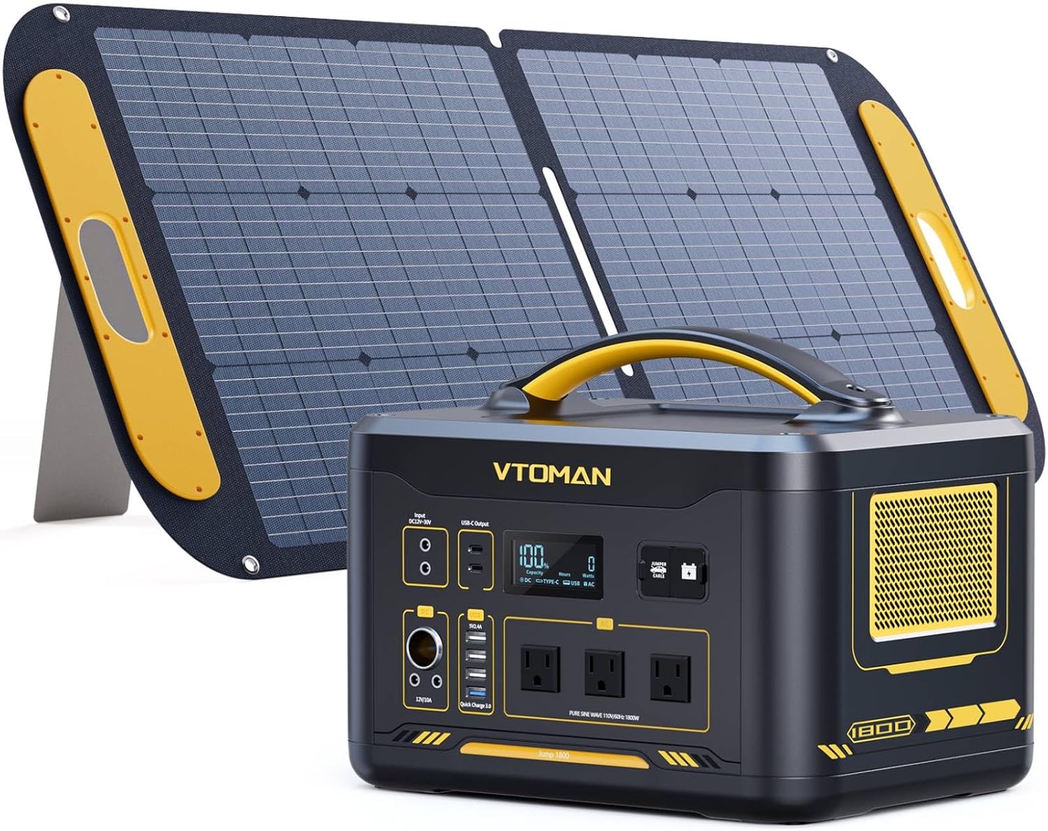 VTOMAN Jump 1800 Portable Power Station with 110W Solar Panel, 1800W/1548Wh LiFePO4 Battery Solar Generator with 1800W Constant-Power, PD 100W Type-C, Capacity Expandable for Camping, Home Backup