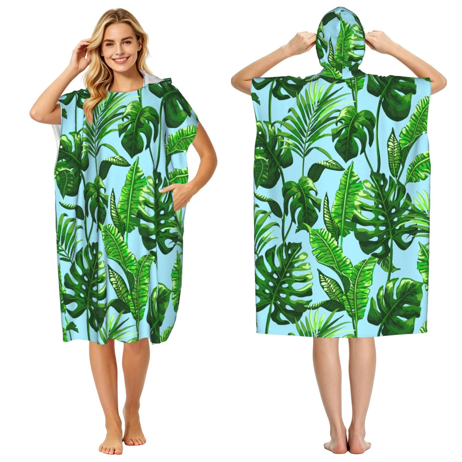 Poadnly Tropical Palm Leaves, Adult Hooded Beach Towel 90 x 110 cm,Changing Bath Robe, Surf Poncho Towel For Women Men