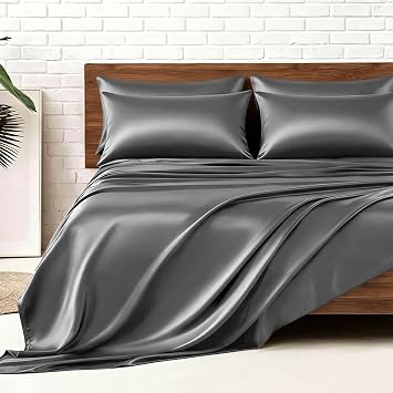 MR&HM Satin Sheets King Size with Elastic Corner Straps, Dark Grey | Similar to Silk, 6-Piece Silky Soft Bed Sheet Set, Gentle on Skin and Hair, 15" Deep Pocket, Cooling & Breathable