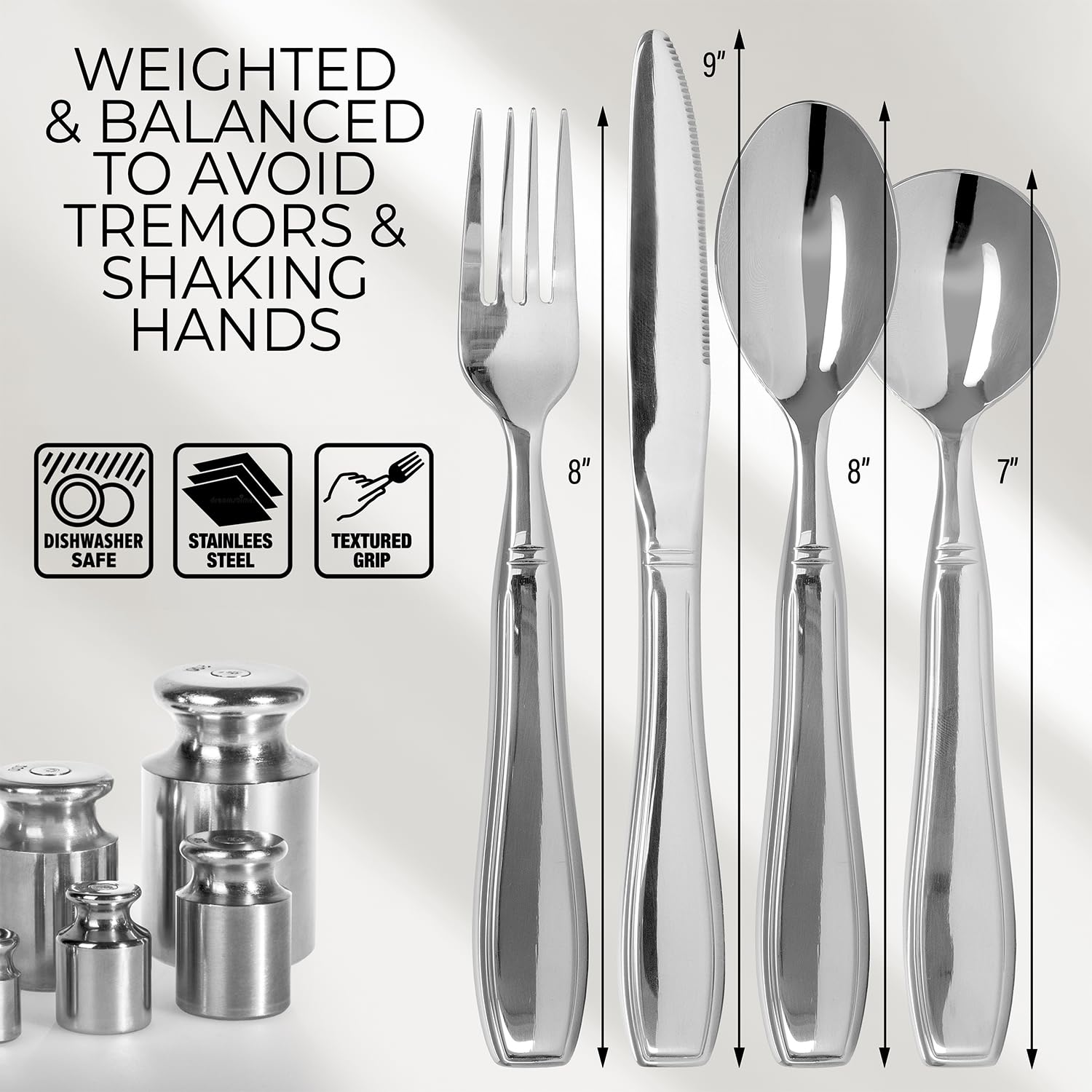 Weighted Utensils for Hand Tremors and Parkinson's Patients - 4 Piece Set Weighted Silverware for Elderly, Arthritis, Weak Hand Grip - Convenient Travel Bag, Stainless Steel, 7 Oz