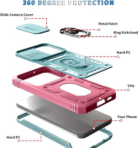 Miniatura 4 de Funda para Galaxy S23, Caja Del Teléfono De La Cubierta De La Cámara Con Soporte De Anillo De Rotación Para Samsung Galaxy S23 5G - Verde Rosa