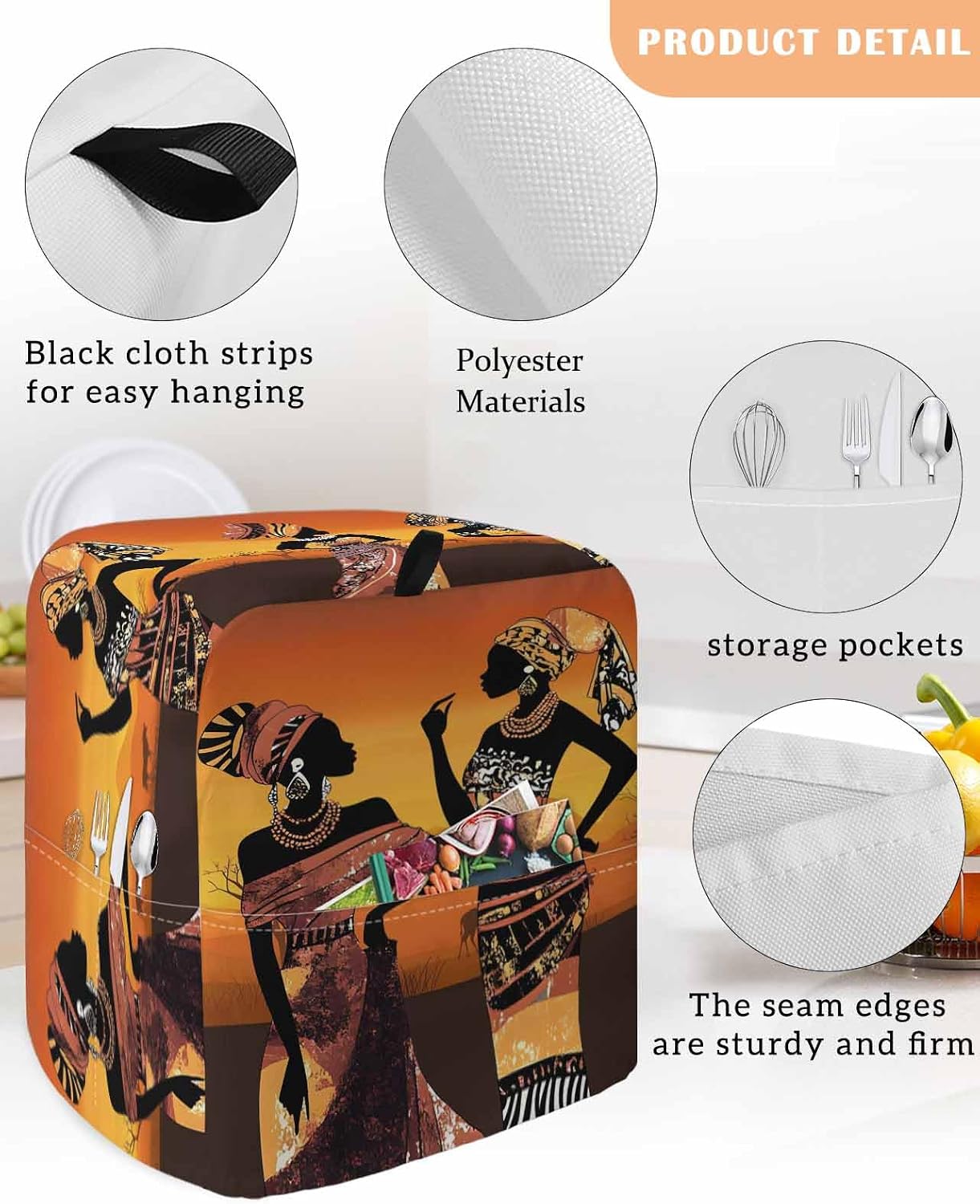 Black Orange Girls Boho Stand Mixer Cover with Storage Pocket, Waterproof Kitchen Mixer Covers, Vintage Ethnic Abstract Art Kitchen Appliance Dust Cover Compatible with 4/4.5 Quart Mixers