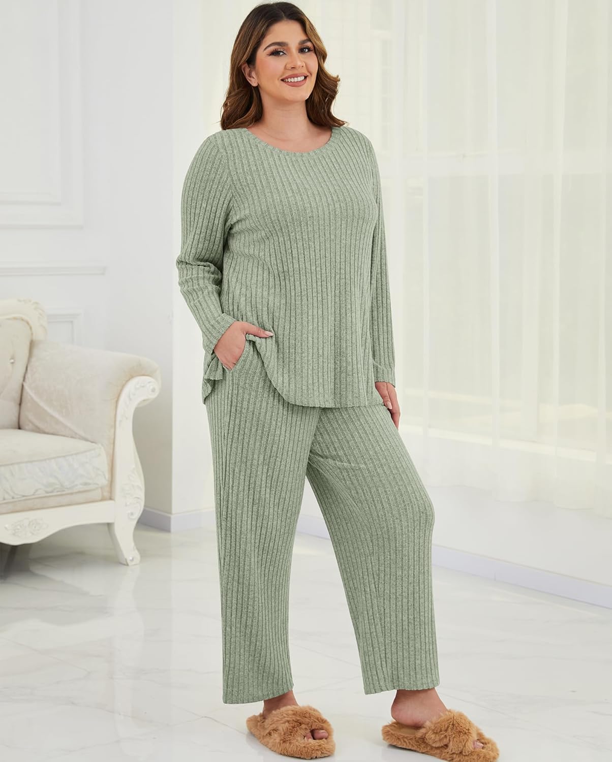 Womens Plus Size Lounge Pajamas 2 Piece Pj Sets Soft Long Sleeve Ribbed Tops Wide Leg Pants with Pockets - Image 2