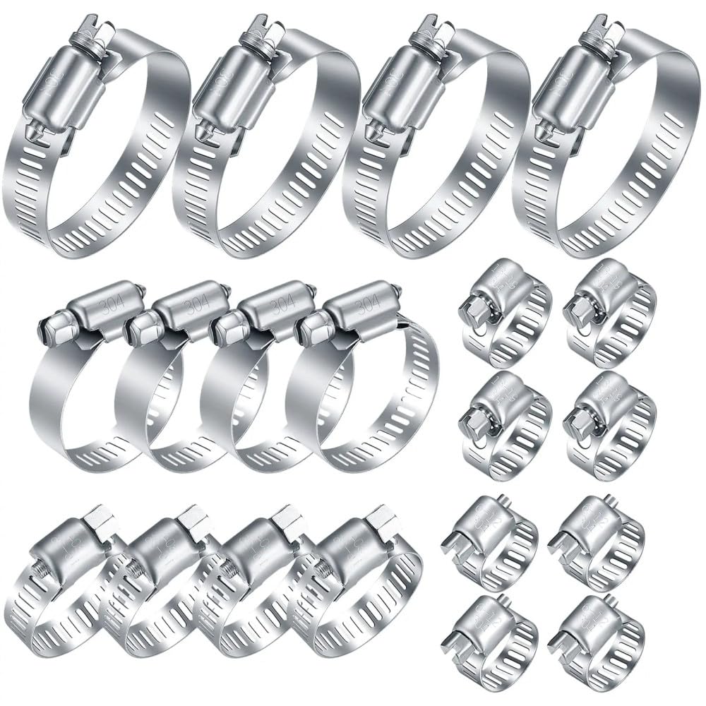 10-20PCS Abrazadera de manguera de acero inoxidable Kit surtido ajustable de 6 a 152 mm Abrazadera de línea de combustible de metal con engranaje helicoidal para plomería de tuberías de agua, 27,51 mm